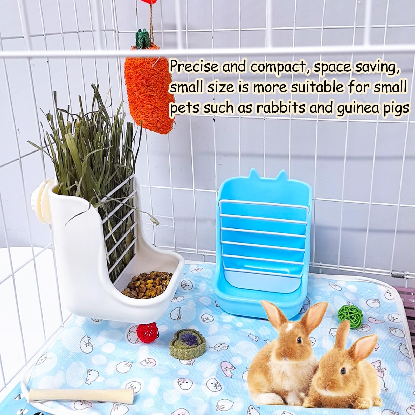 2PCS Rabbit Hay Feeders Rack 2 in 1 Guinea Pig Food Feeder Indoor Feeder for Rabbit Bunny Chinchilla Hamster (Blue+White) - image 6