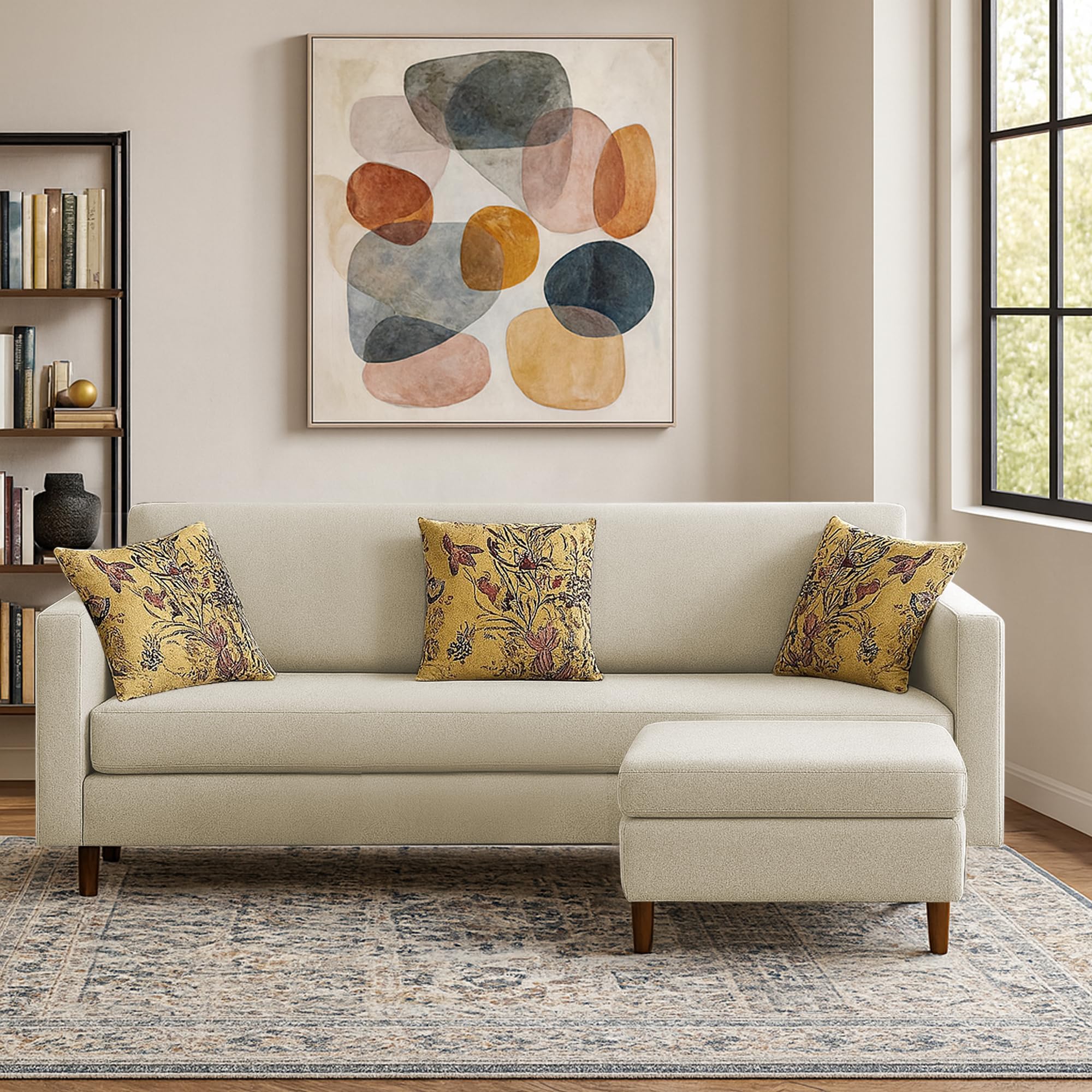 Premium Lifestyle Fabric 4 Seater L Shape Sofa Set 3 Seater Modern Sofa Set & Ottoman for Living Room (Cream Color) Premium Fabric-image-18