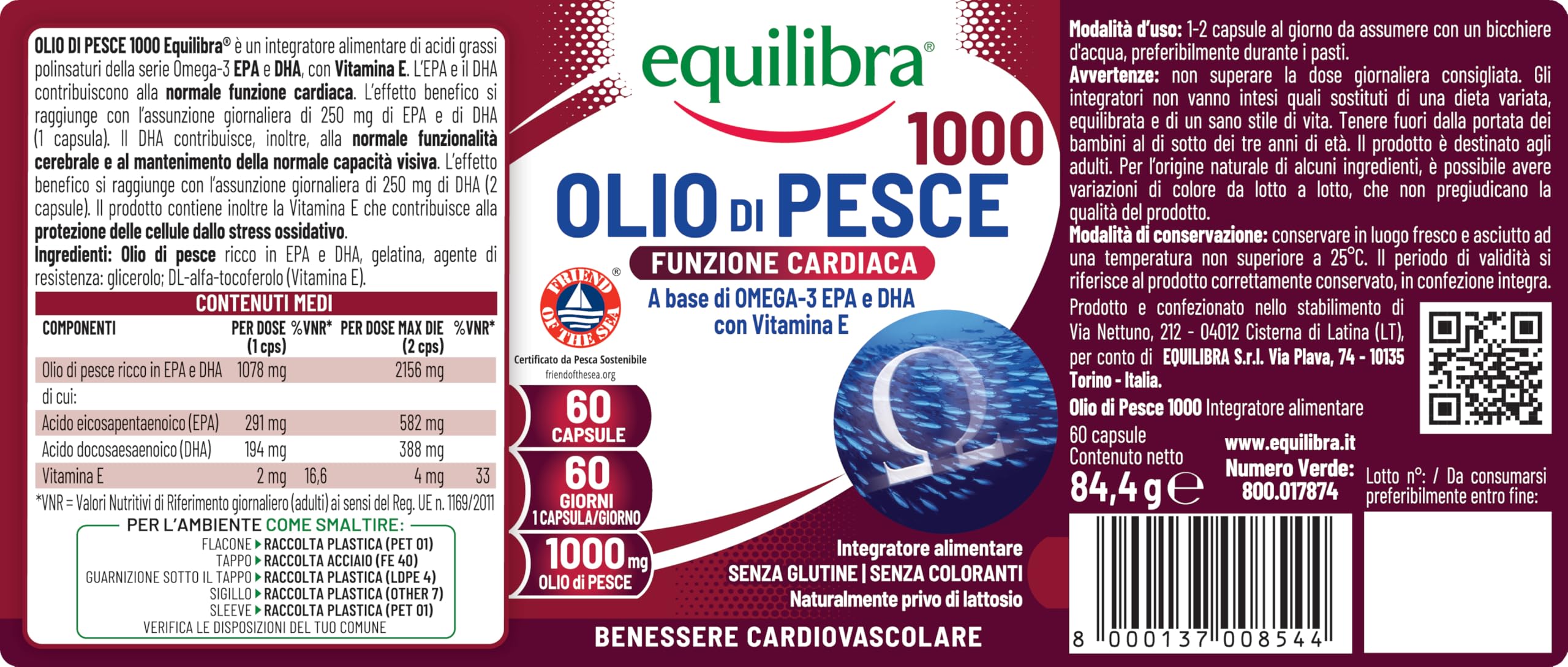 Equilibra Omega 3, Olio di Pesce da 2156mg, EPA 582mg e DHA 388mg per Dose max, Scorta 2 mesi, 60 capsule, Normale Funzione Cardiaca, Funzionalità Cerebrale e Capacità Visiva, Senza Glutine e Lattosio