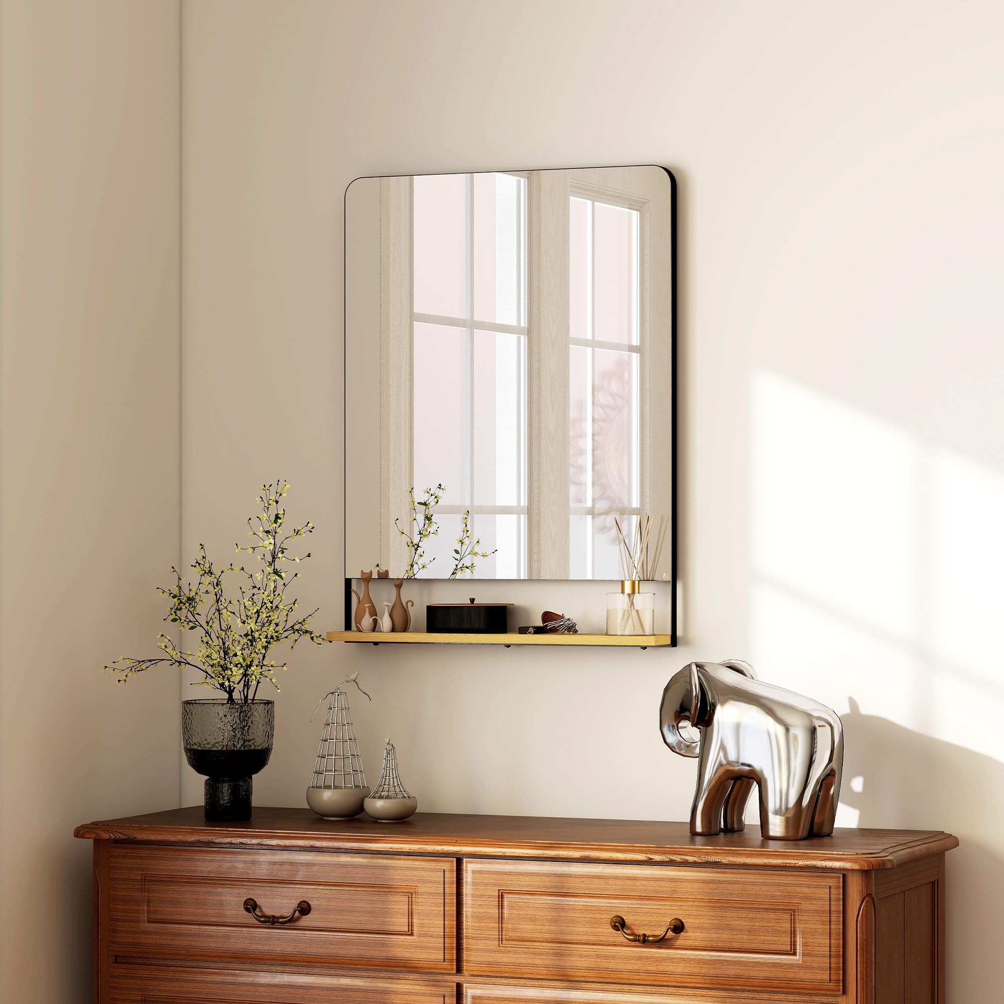 HOMCOM Espejo pared con estante madera 80x60 cm Marco metálico negro | Espejo rectangular, para entrada, salón, baño