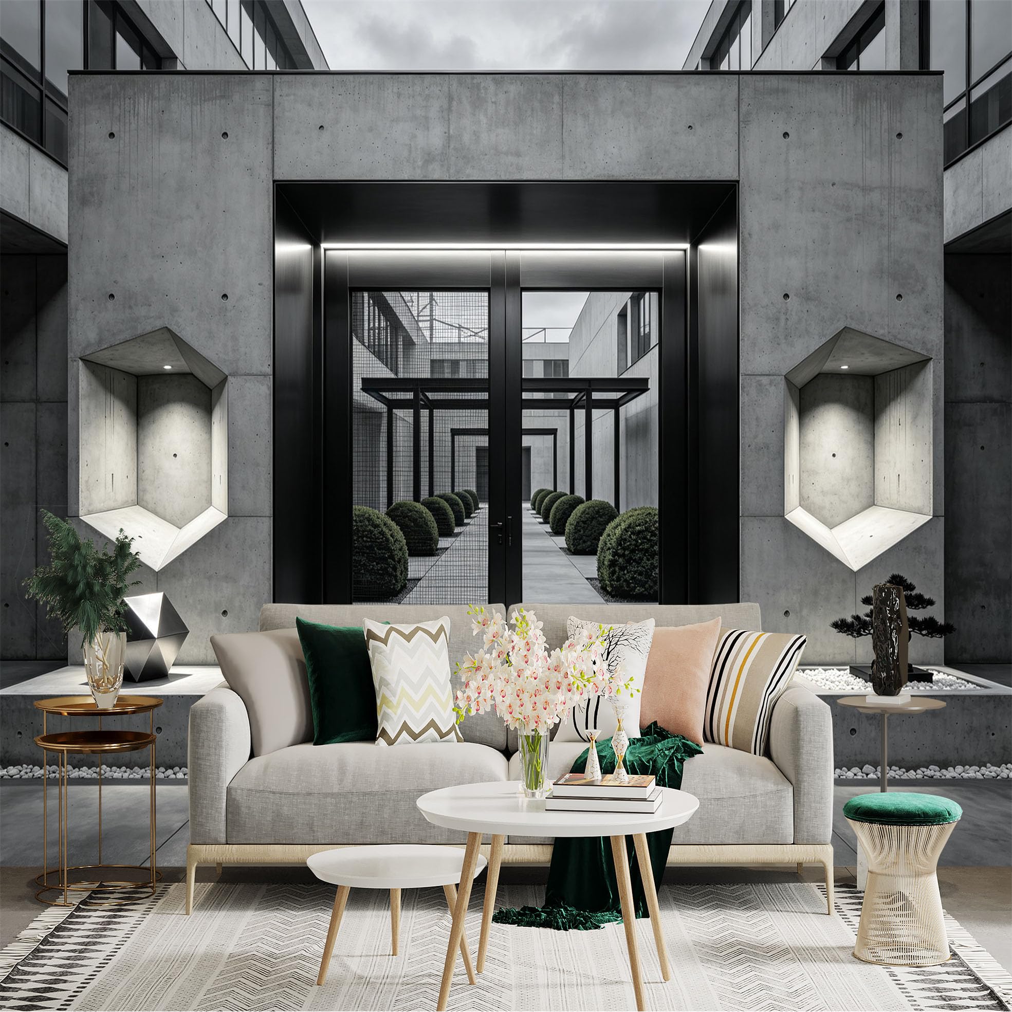 Custom Size Wall Sticker Mural， Modern Concrete Courtyard， Minimalist Architecture， Geometric Entryway， Zen Landscape， for wall Decoration， peelandstick wall Decals.
