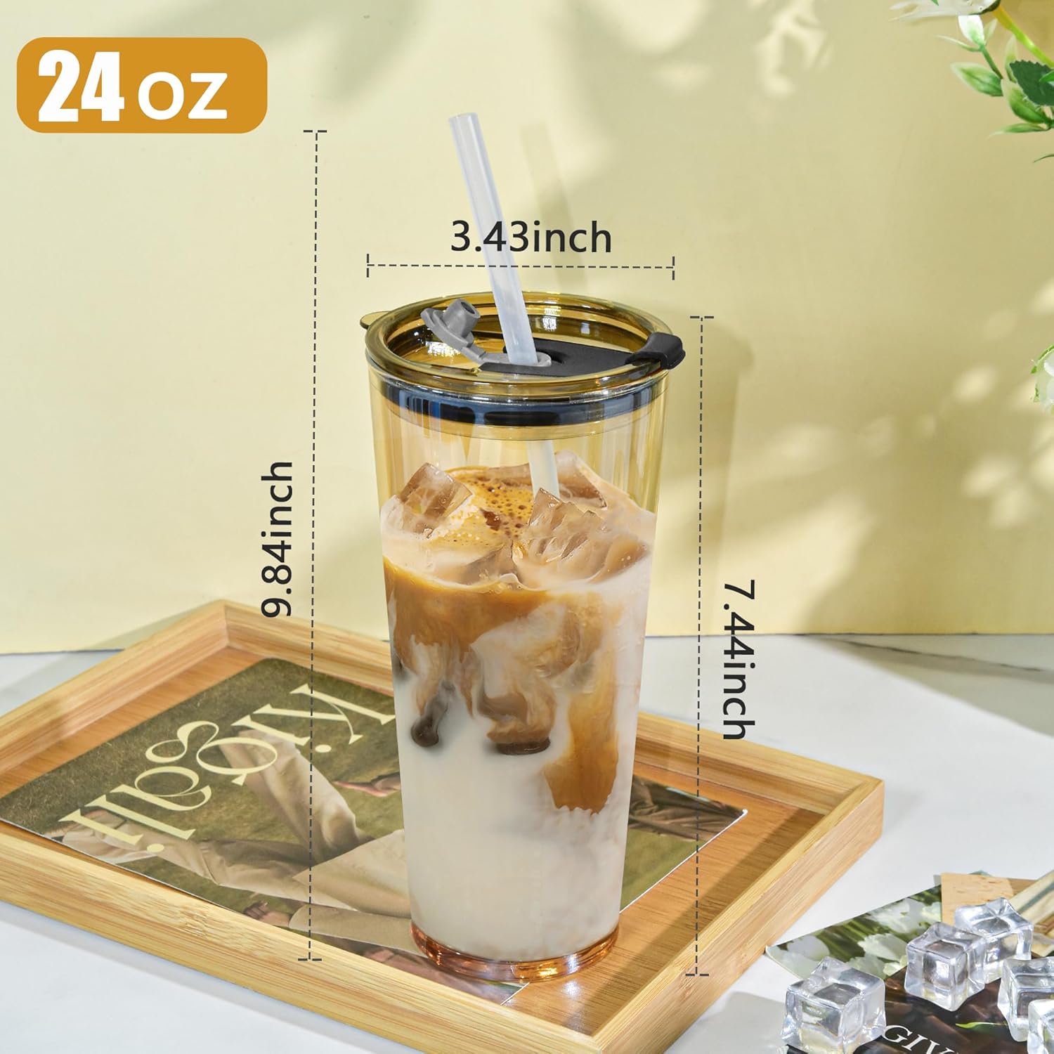 24oz Drinking Glasses Cups Set of 2 Leak Proof Iced Coffee Glass Tumbler with Lid Straw Glassware for Juice Coffee Smoothie Boba Tea(Gray & Amber) - Image 6