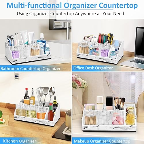 Miniatura 7 de Organizador de Baño para Encimera, Soportes para Cepillos de Dientes de Mármol Blanco para Baños con 3 Piezas Dispensador de Soporte para