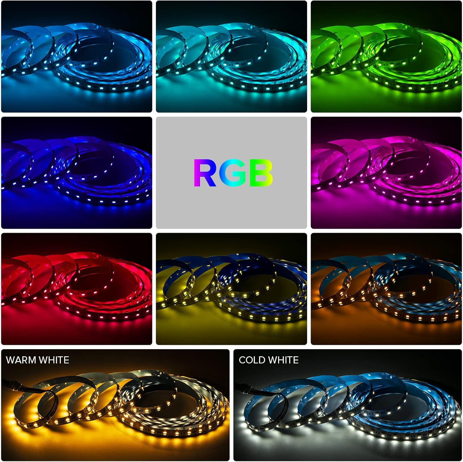SEZO RGBCCT 5 Colors in 1 LED Strip 96LEDs/m 480LEDs RGBWW RGB+Dimmable Tunable Color Temperature 2700K-6500K IP65 DC24V 16.4FT 5050SMD RGBW LED Lights Tape for Bedroom Desk Home Decoration