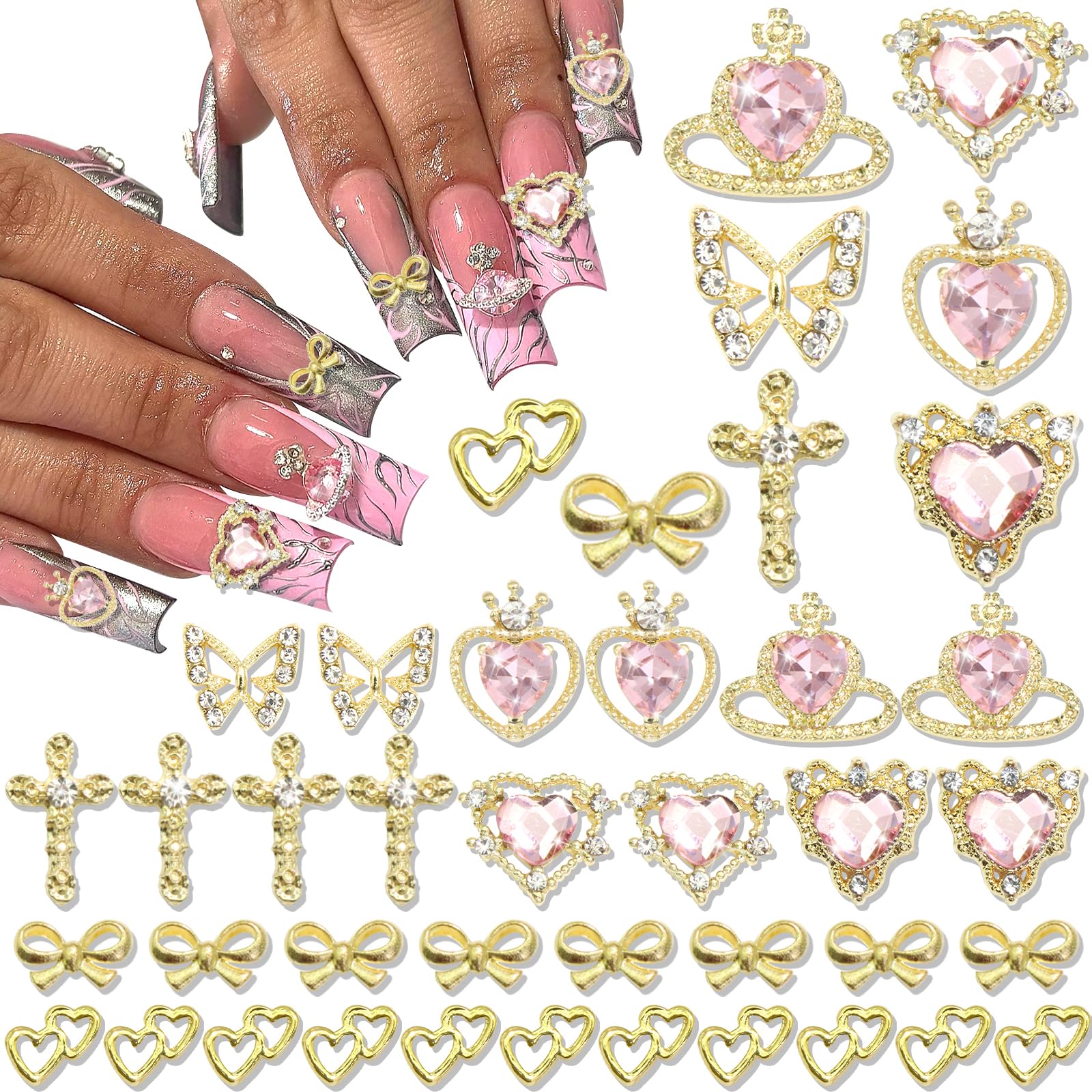 50PCS Gold Nail Charms Shiny Pink Heart Nail Charms Crystal Butterfly Charms Alloy Bowknot Charms 3D Cross Nail Charms for Nail Art and DIY Crafts