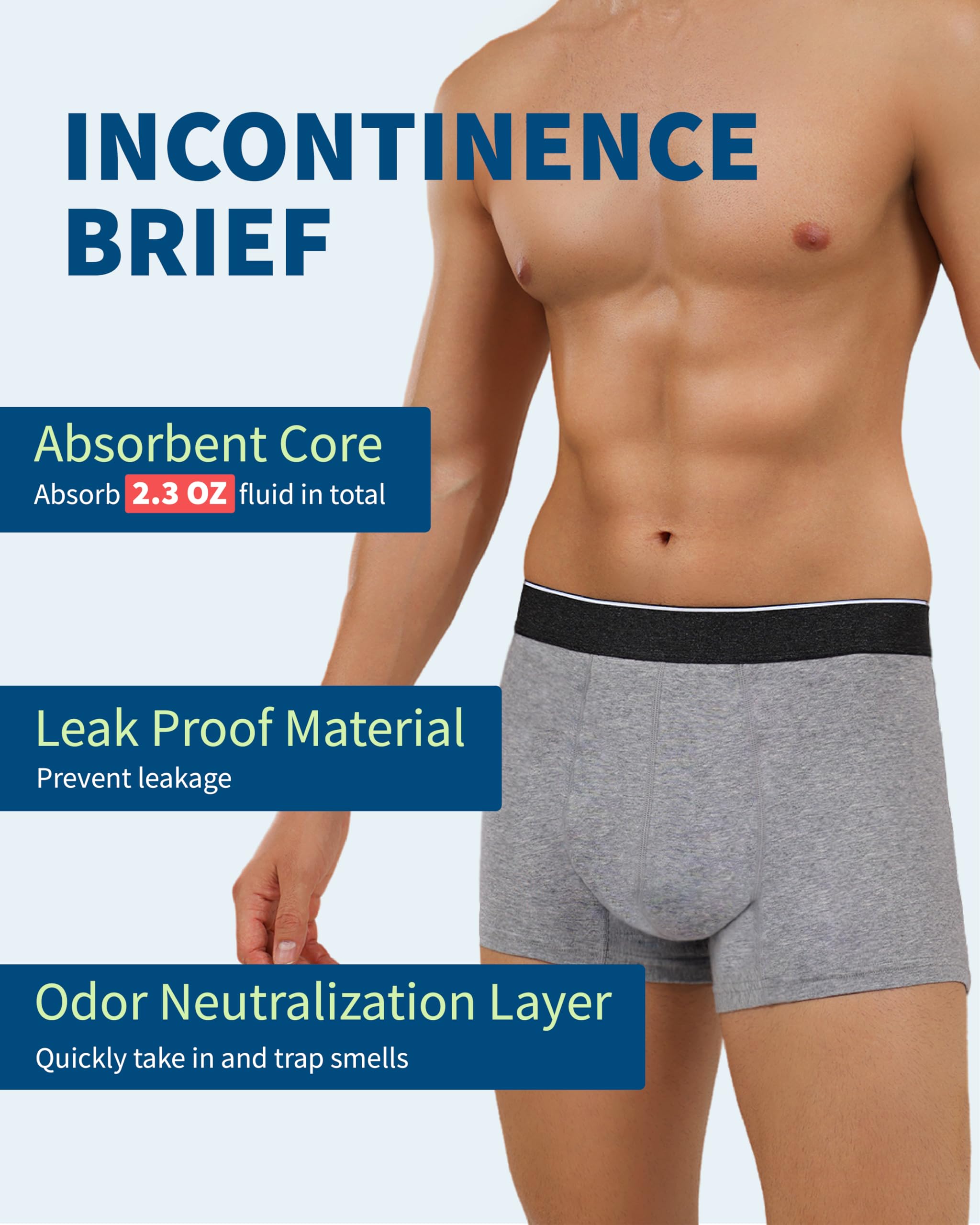 REELINDRY Mens Incontinence Underwear Washable, 2.3 oz Leak Proof Absorbent Odor Neutralization Briefs for Bladder Leak 2 Pack(Black-Gray, XL)