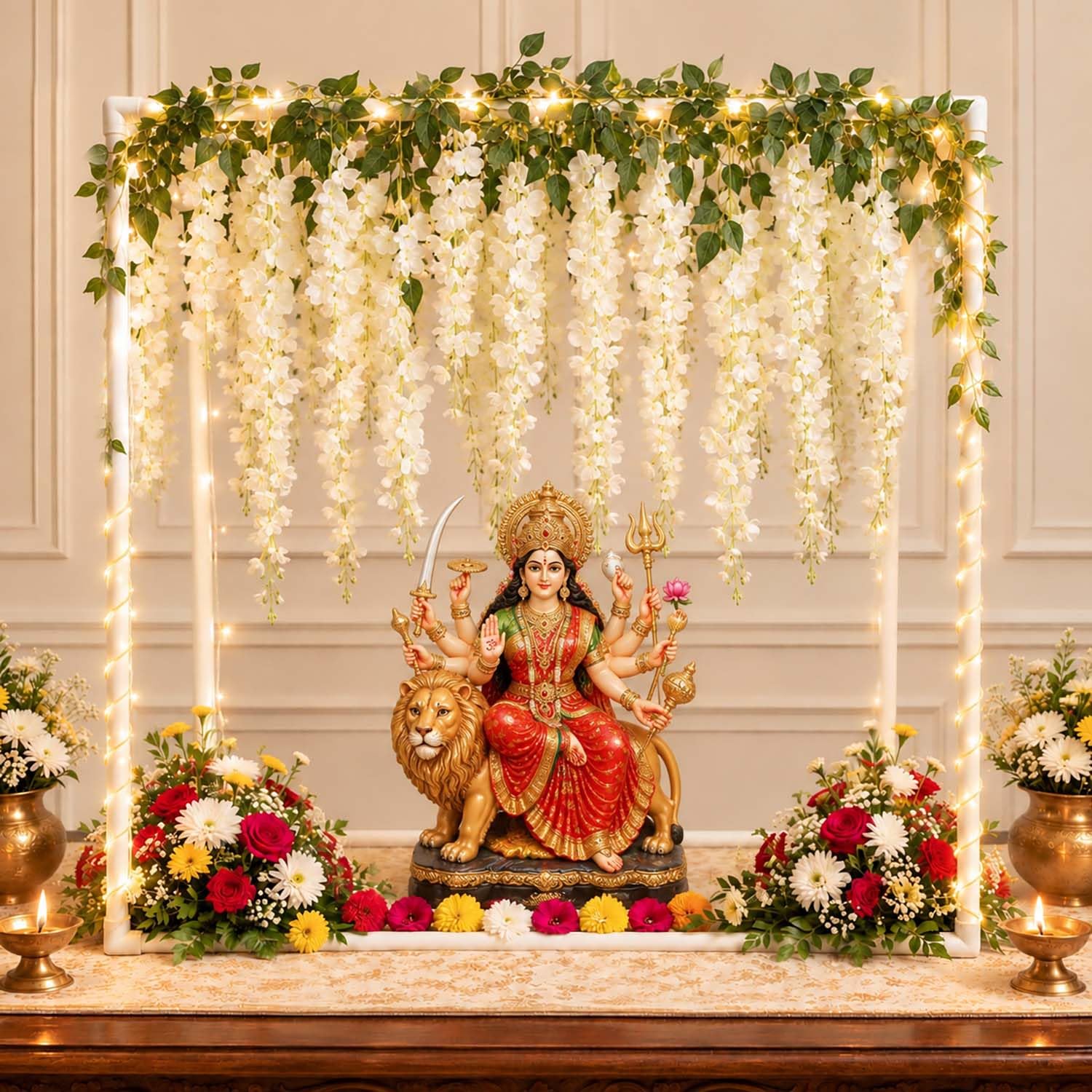 SpecialYou® Diwali Decoration for Home & Navratri Decoration Items with PVC Cube White Stand for Backdrop, 3Mtr Light & 6 White Wisteria, Diwali Decor Lights - 8 Pcs