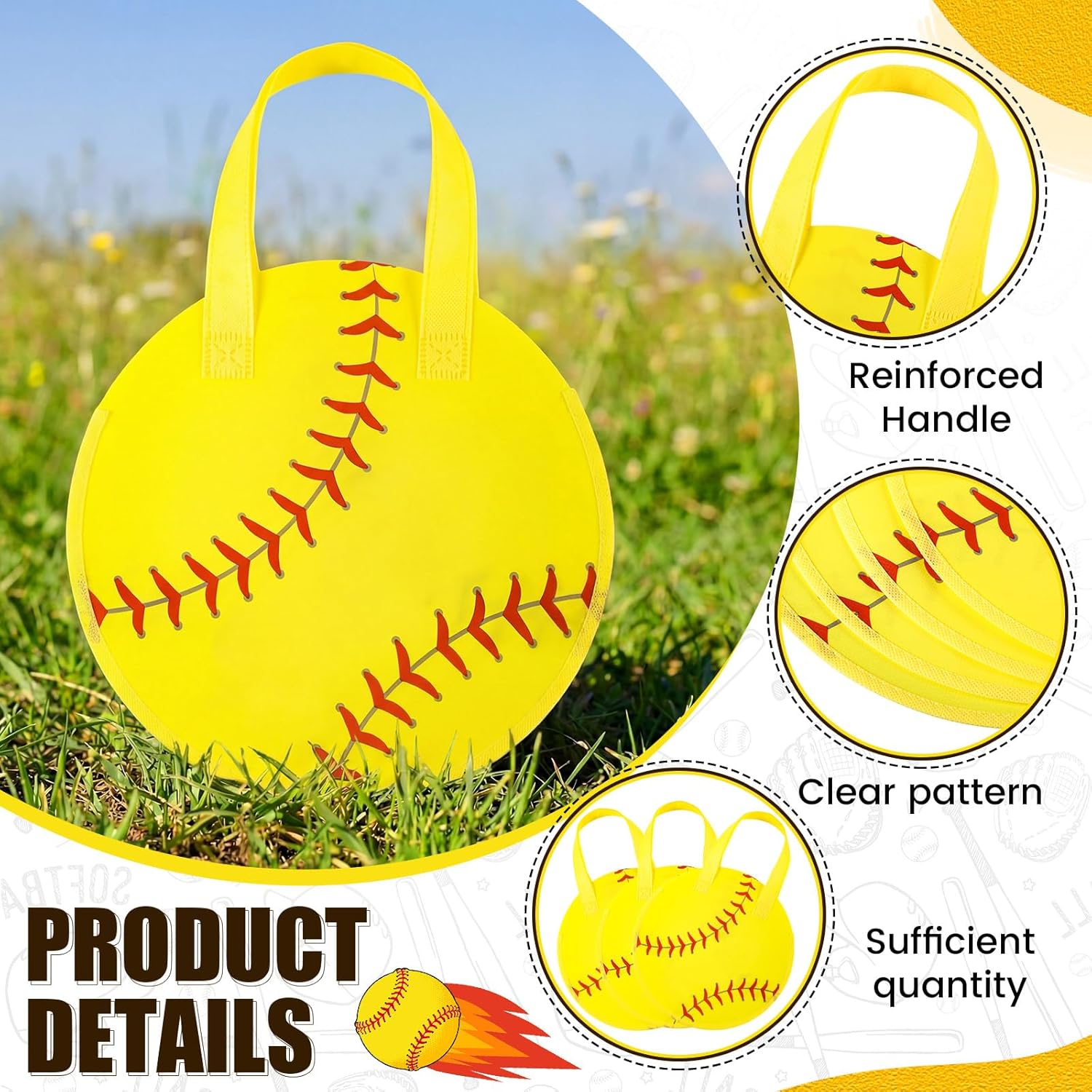 Yeyeplum 12 Pcs Softball Party Favor Bags 10 × 10 Inch Softball Gift Bags with Handle Round Non Woven Gift Pouches for Goodie Candy Snacks Sports Themed Birthday Party Supplies - Image 3