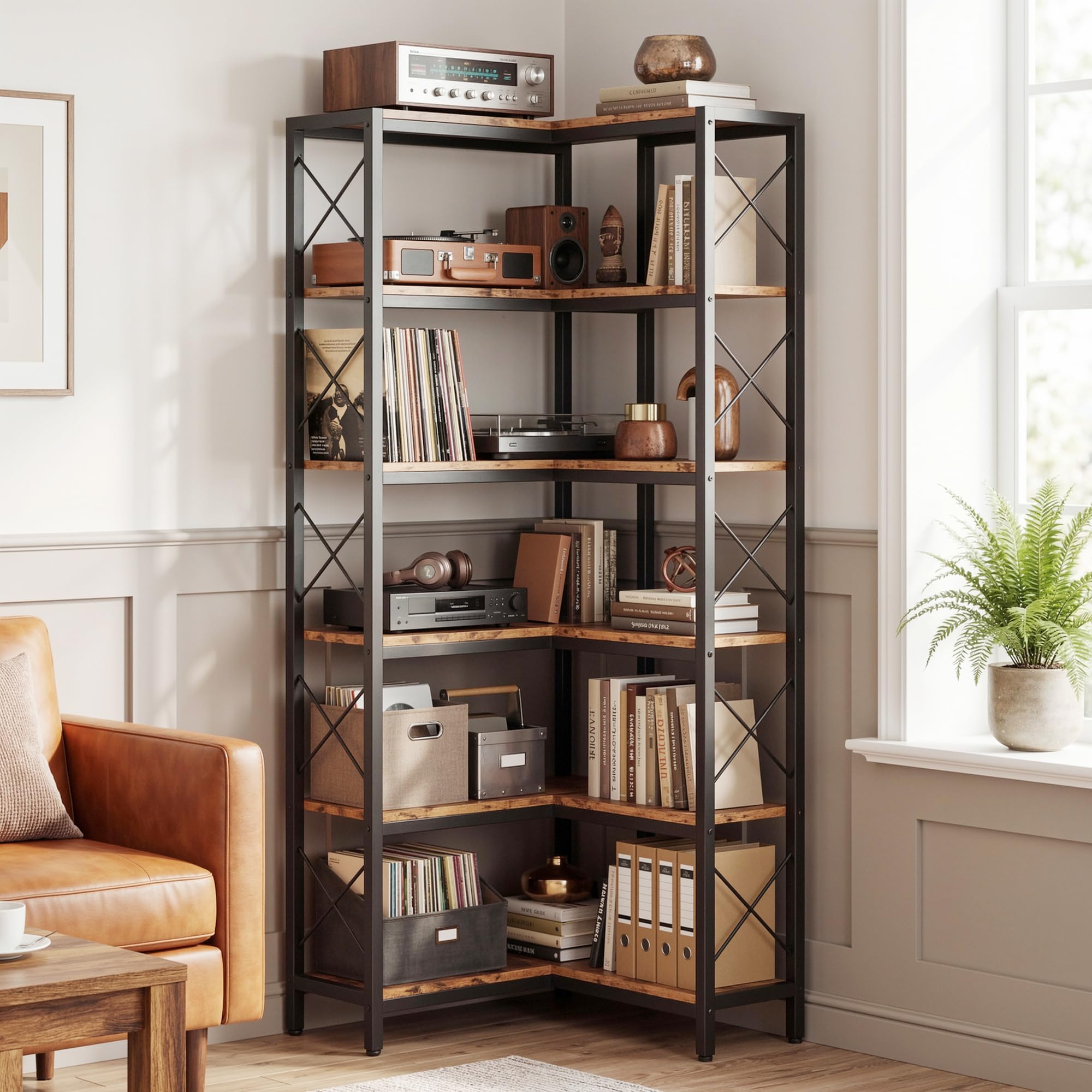 IRONCK Corner Bookshelf, 6-Tier L-Shaped Corner Bookcase with Adjustable Feet, Tall Corner Shelf Storage Display Cabinets for Living Room, Bedroom, Home Office, Rustic Brown, 60×60×167cm