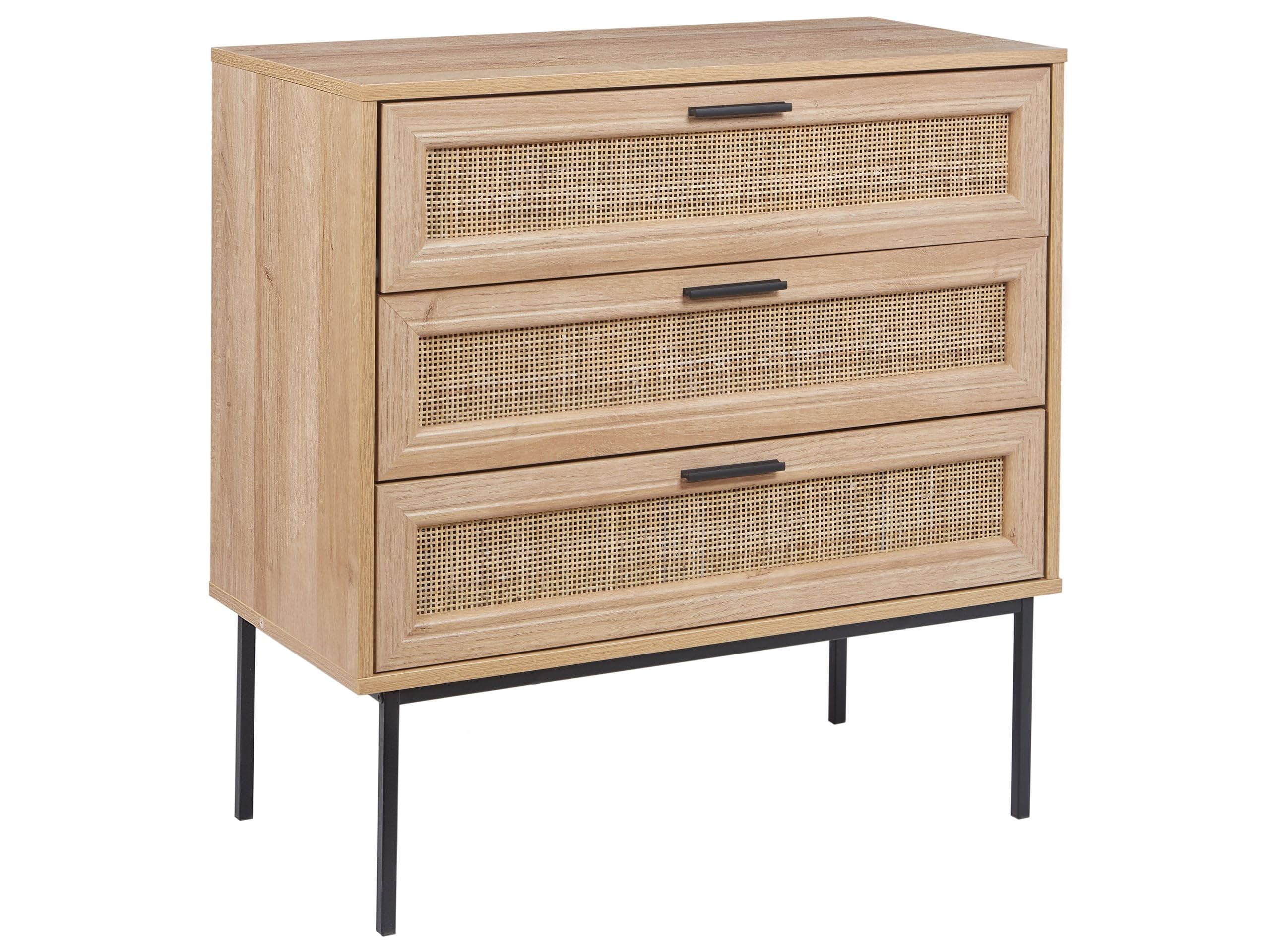 Beliani Pasco Kommode – 3 Rattan-Schubladen, helle Holzoptik, schwarze Metallbeine