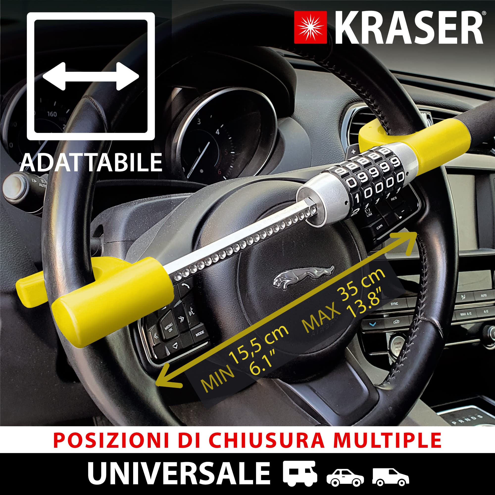 KRASER KR940B Antifurto Auto con Codice Massima Sicurezza, Blocca Sterzo Giallo Più Visibile e Deterrente, Robusto Blocca Volante con Martello Emergenza, Bloccasterzo Universale Automobile Camper