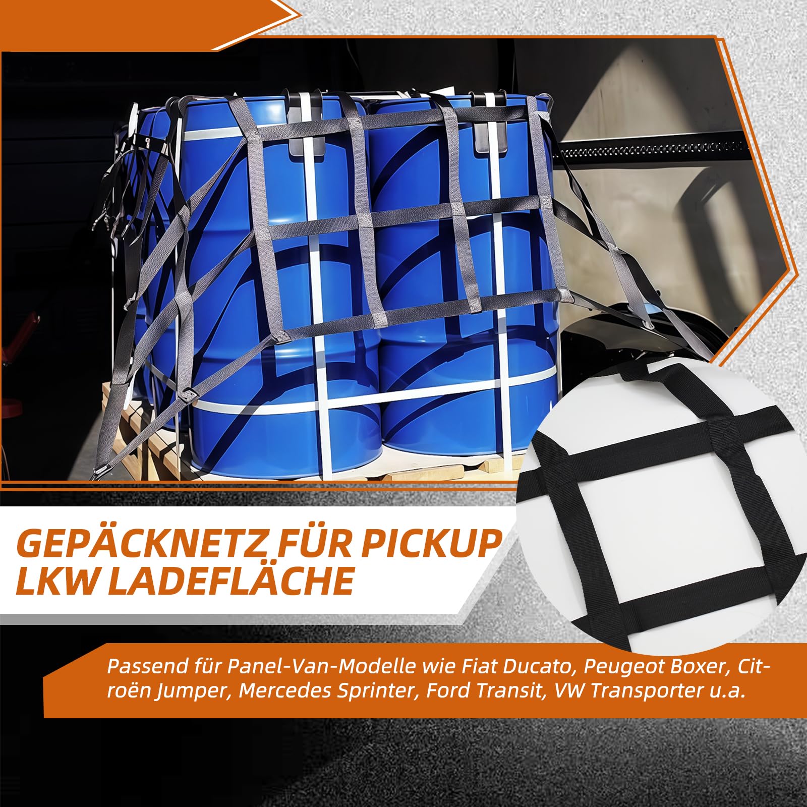 Ladeflächennetz: Reißfestes Laderaumnetz mit 4 verstellbaren Gurten zur Ladungssicherung auf Pickup-Anhängern. Passend für Transporter, Ducato, Boxer, Jumper, Opel Movano, Ford Transit, Mercedes-Benz