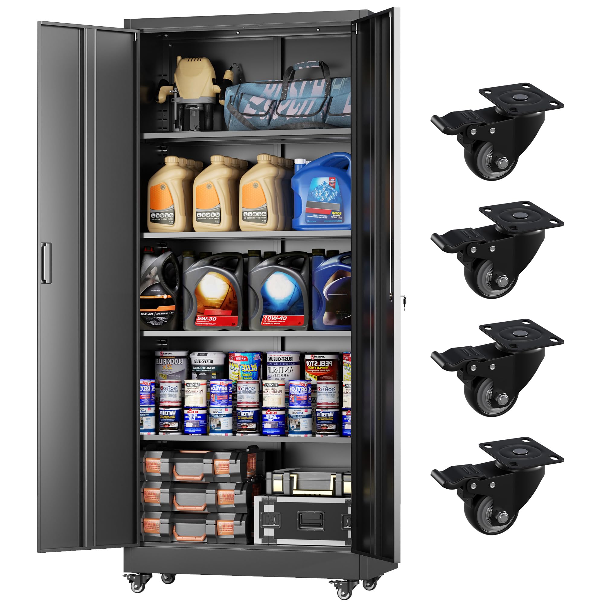 Greenvelly 73" Storage Cabinet with Wheels,Metal Rolling Garage Cabinet with Locking Doors and 4 Adjustable Shelves for Home,Kitchen,Office,Warehouse(