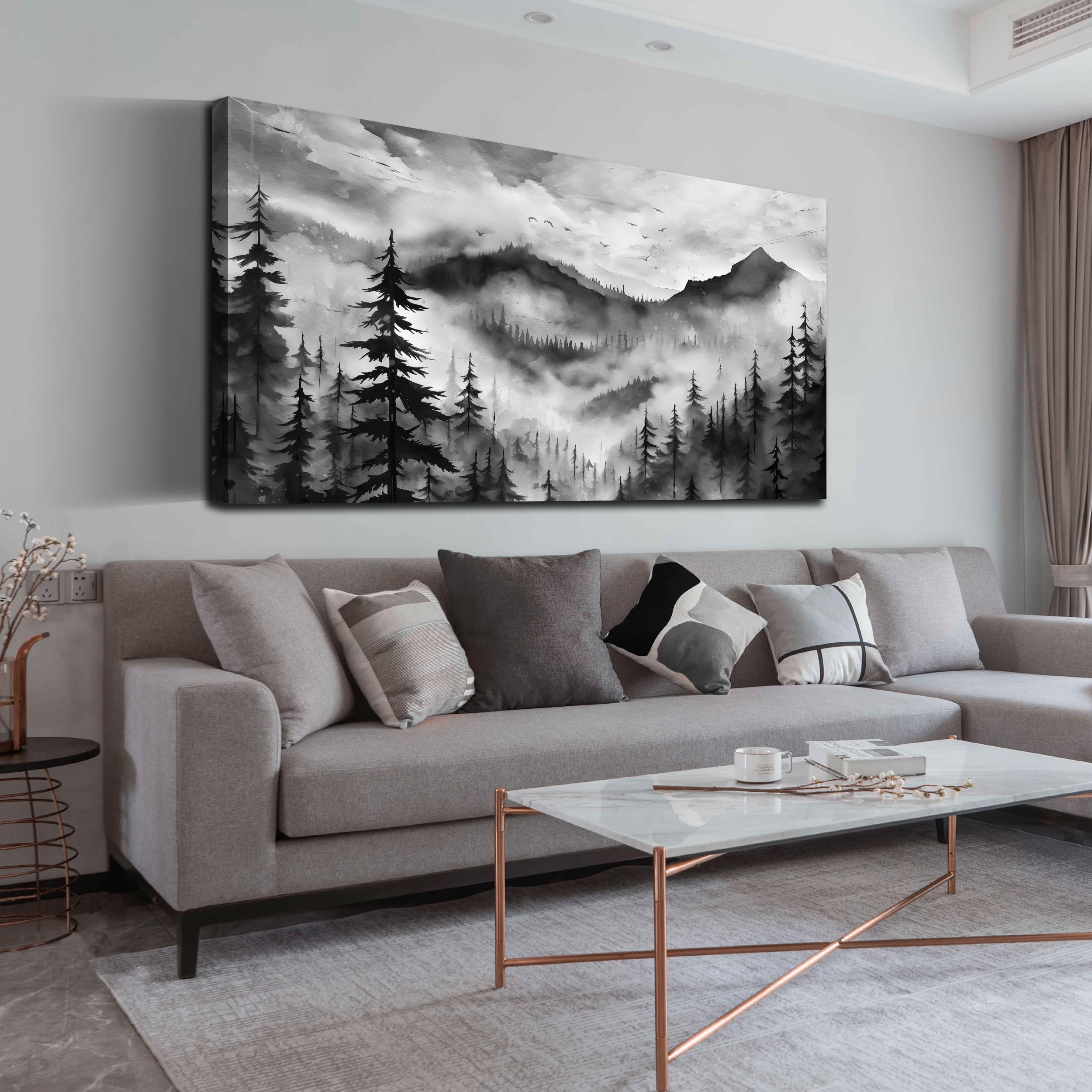 GUGIKA Mountain Wall Art for Living Room, Black and White Canvas Wall-Art for Bedroom, Forest Landscape Print, Size 29x59 Inches
