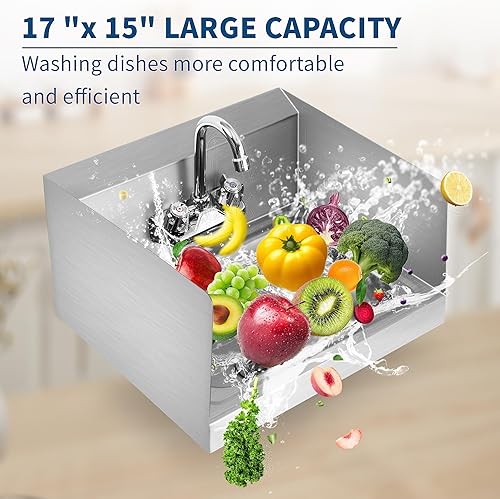 Miniatura 8 de Fregadero de acero inoxidable NSF 17 "x 15" Fregadero comercial de montaje en pared, con protector de salpicaduras lateral, colador y grifo,