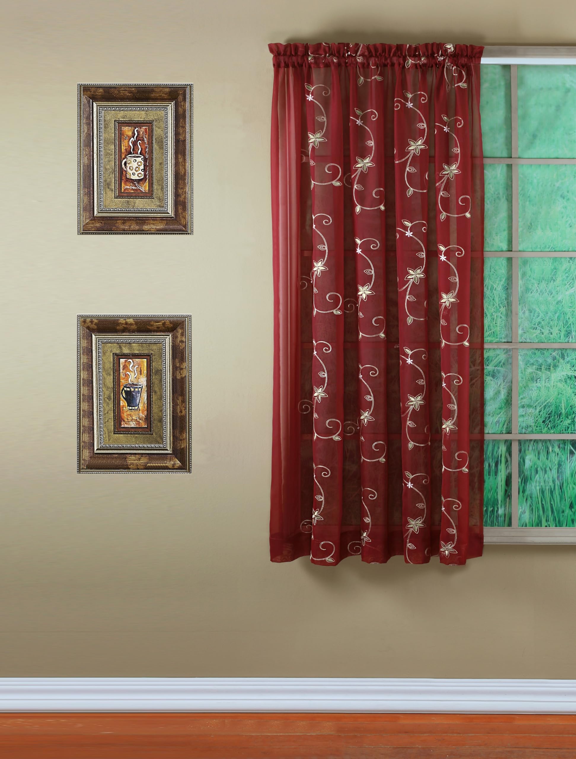 Today's Curtain, Emelia Embroidery Sheer Panel 63", Burgundy, 59" W x 63" L