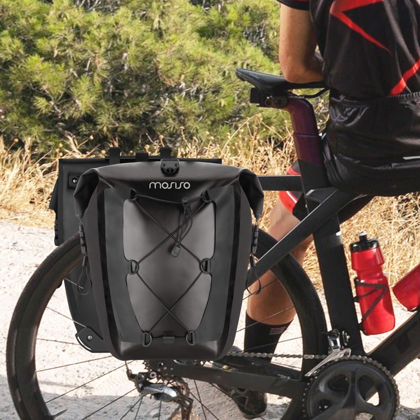 MOSISO Sacoches de Vélo 25 L, 2 Pièces Étanche pour Rack Arrière avec Corde Élastique, Pochette de Rangement pour Bagages de Vélo, Stockage Voyage Randonnée Route Commute, Noir
