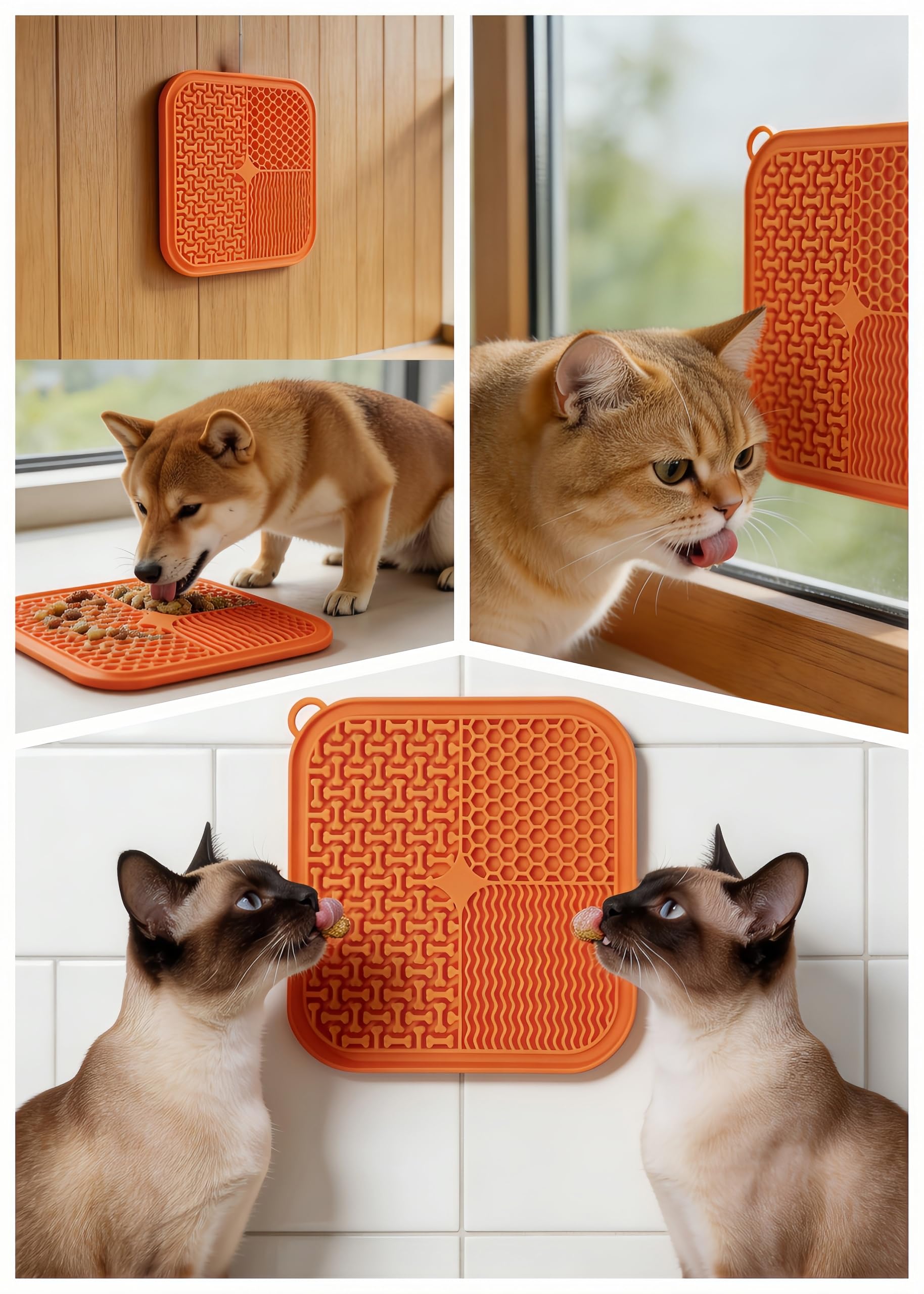 Slow Feeder Licky Mats per gatti e cani, morbido silicone, forte ventosa, partizioni multifunzionali per alleviare l'ansia (arancione)