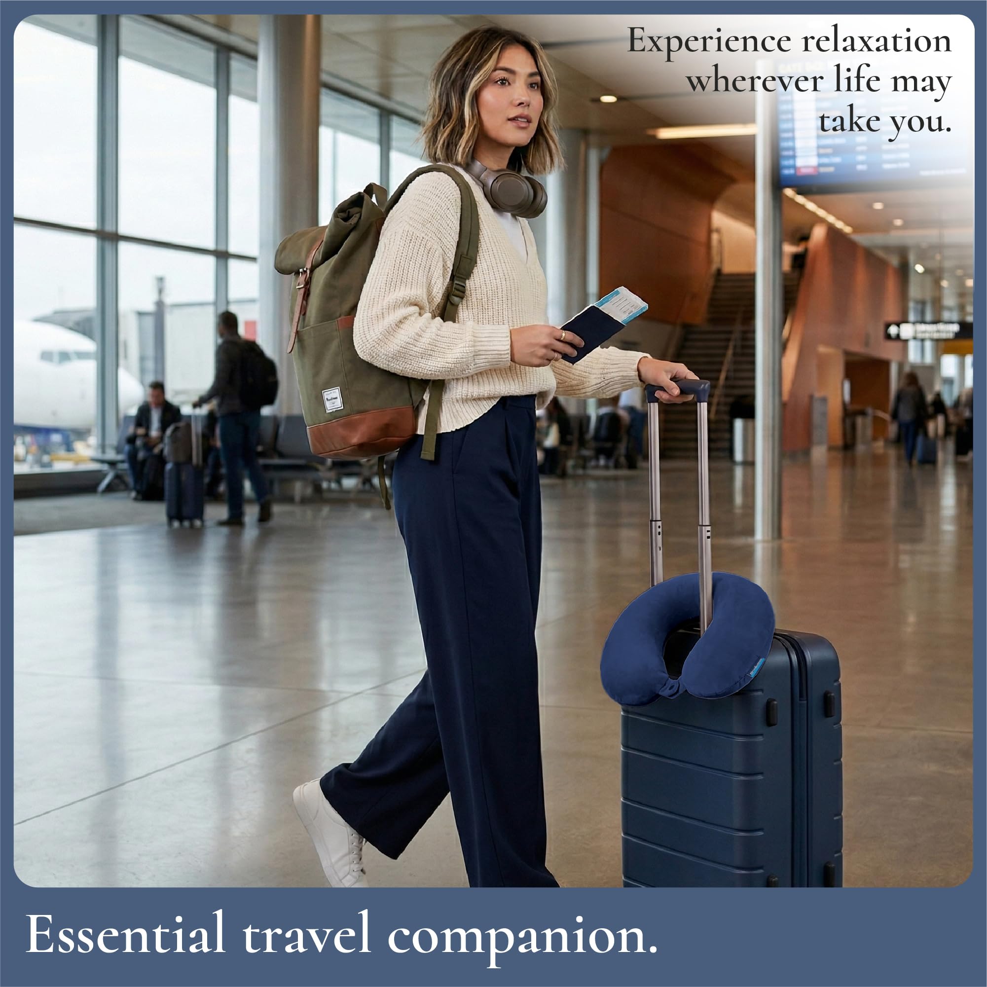 Brookstone Oreiller Cervical de Voyage en Mousse à mémoire de Forme pour Vacances, Avion, Train, Bus et Voiture, Bleu