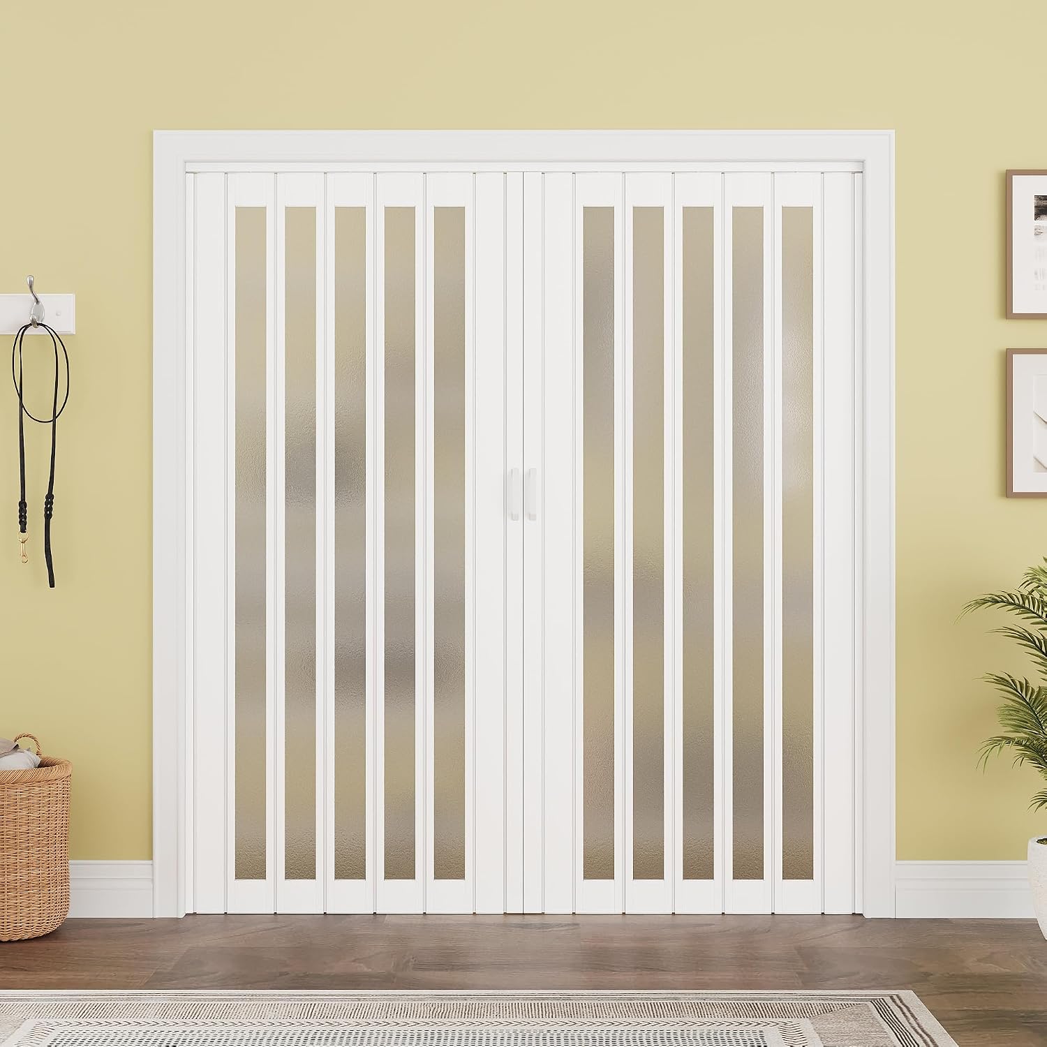 WINSTELLAR 72" x 80" Enhanced Accordion Doors with Frosted Acrylic Panel, Bifold Closet Door Hardware Kit Included, PVC Interior Folding Doors with 4 Handles for Closet Bathroom Doorways