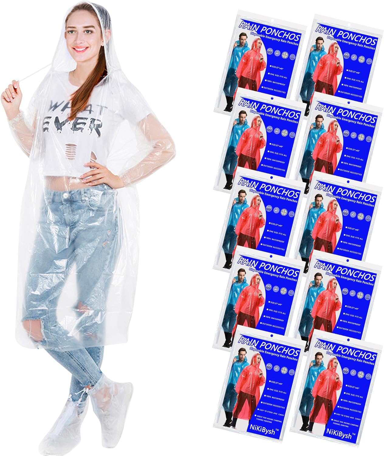 Disposable Rain Ponchos with Drawstring Hood for Adults 5/10/20/50/100 PACK Emergency Raincoat for Women and Men