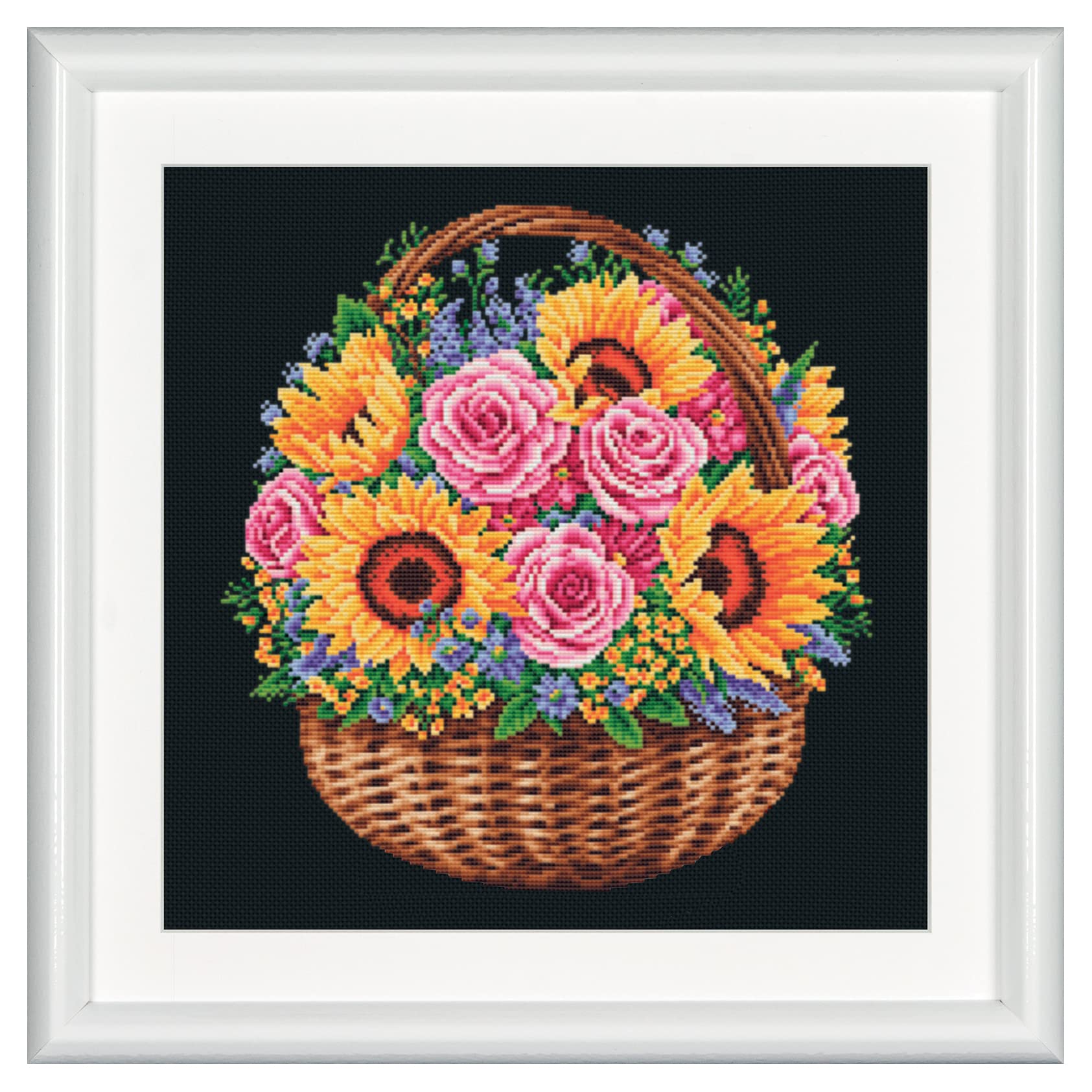 Dutch Stitch Brothers - Gezählter Kreuzstich Kit - DSB016 - Blumenkorb - Aida schwarz - 32 x 32 cm - DIY für Erwachsene