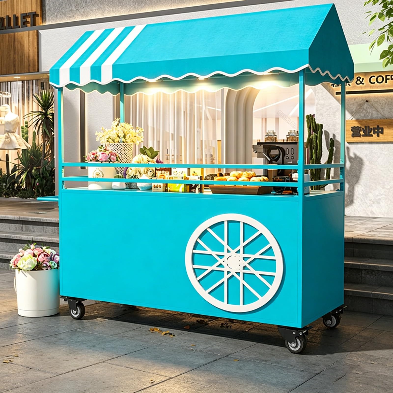 Chariot de distribution alimentaire portable avec support mobile pour comptoir d'affichage et de rangement pour événements et festivals Bleu 100 cm Idéal pour la restauration en plein air