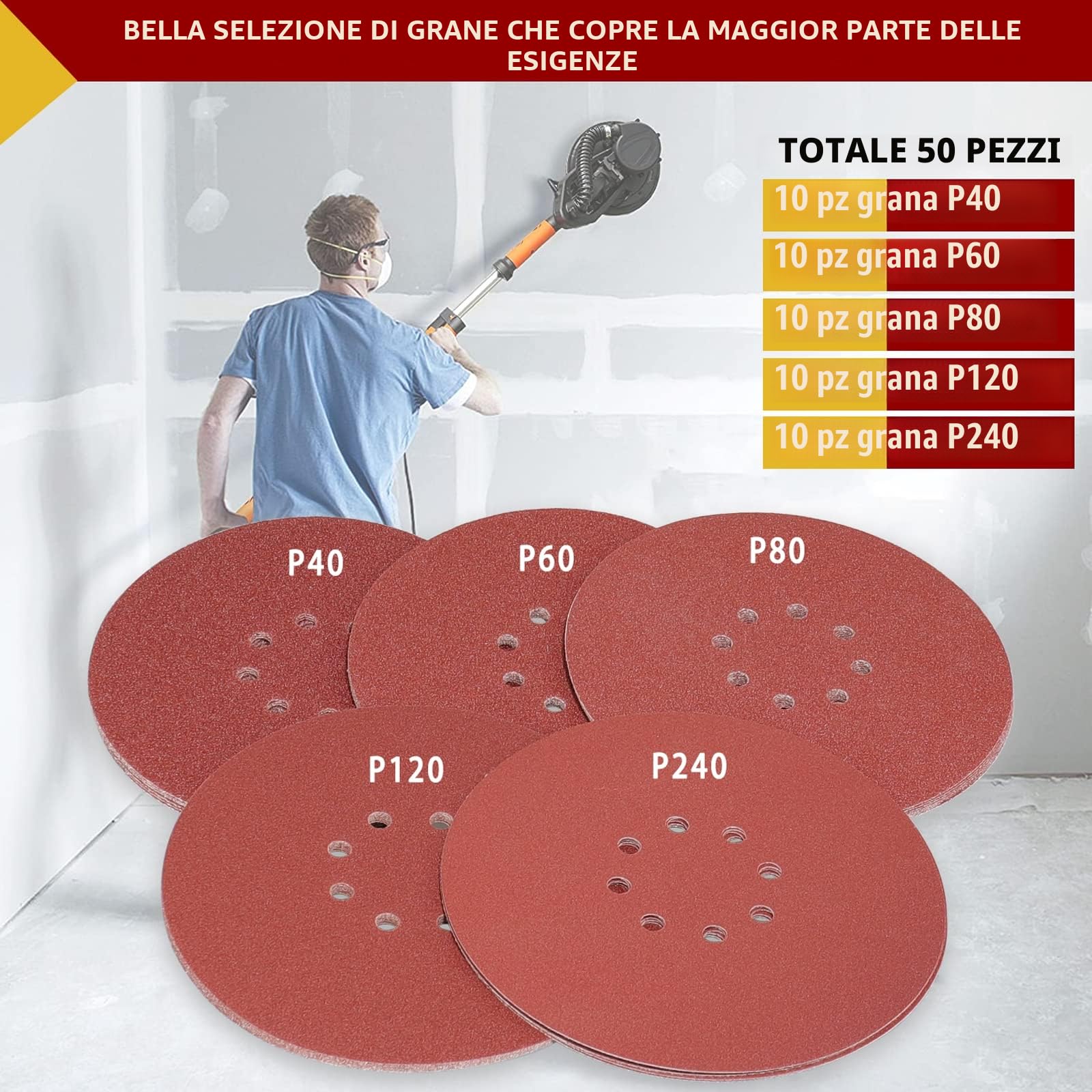 STEBRUAM Dischi Abrasivi 225 mm, Carta Abrasiva 50 Pezzi Kit di Carta Abrasivi a 8 fori Rotondi di Carta Vetrata, Grana 10 x P40/60/80/120/240 per Smerigliatrici per Cartongesso e Giraffe Abrasive