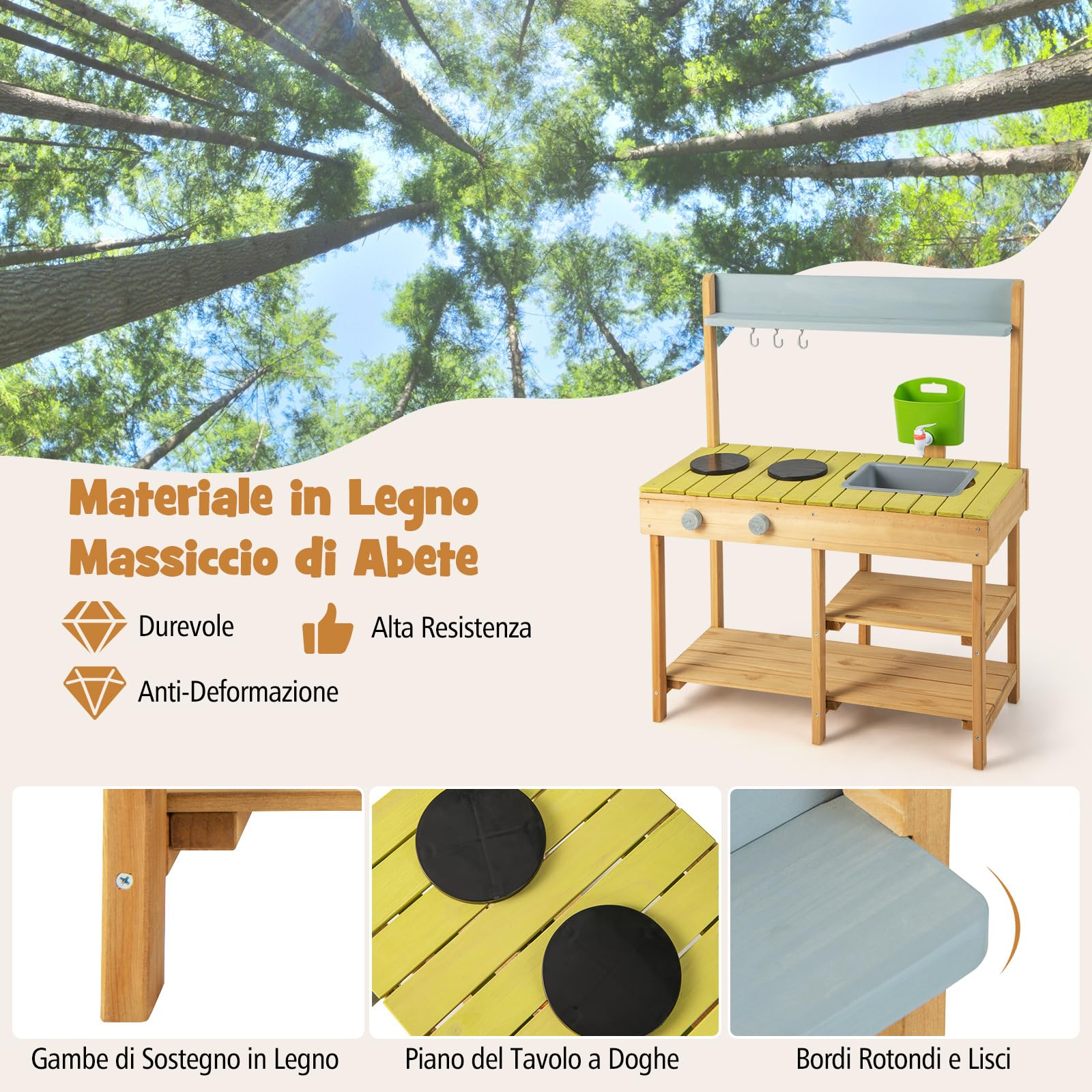 COSTWAY Cucina Giocattolo per Giardino in Legno di Abete, Cucina per Bambini con Serbatoio dell'Acqua e Lavello Rimovibili, 3 Ripiani Aperti, Funzione Suoni, per Bambini 3+ Anni (Naturale)
