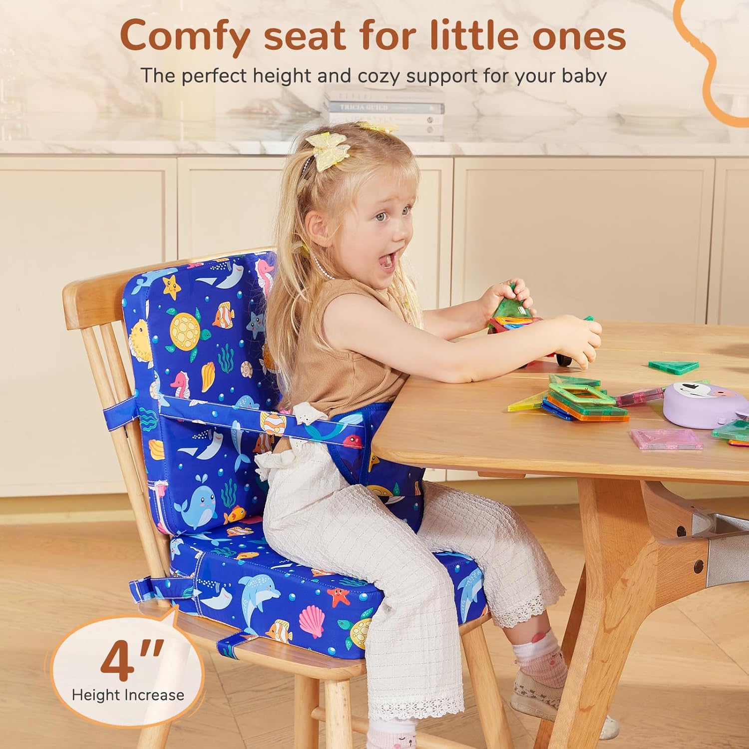 Toddler Booster Seat for Kitchen Chair, Non-Slip Bottom Dining Table Booster Seat with Backrest and Adjustable Straps, Portable Eating Travel Increasing Cushion