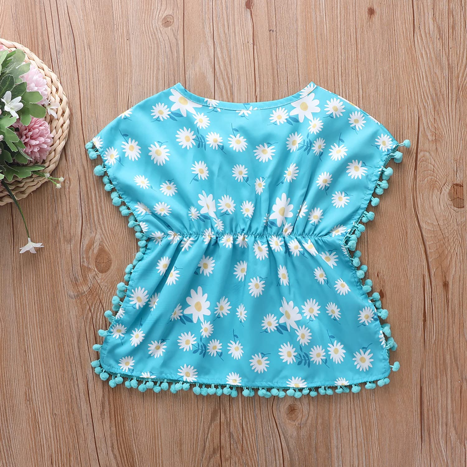 Verve Jelly Traje de baño para niñas pequeñas, vestido playero, vestido playero con borlas y bolas, Poncho Wraps, conjunto de Tops de playa de verano