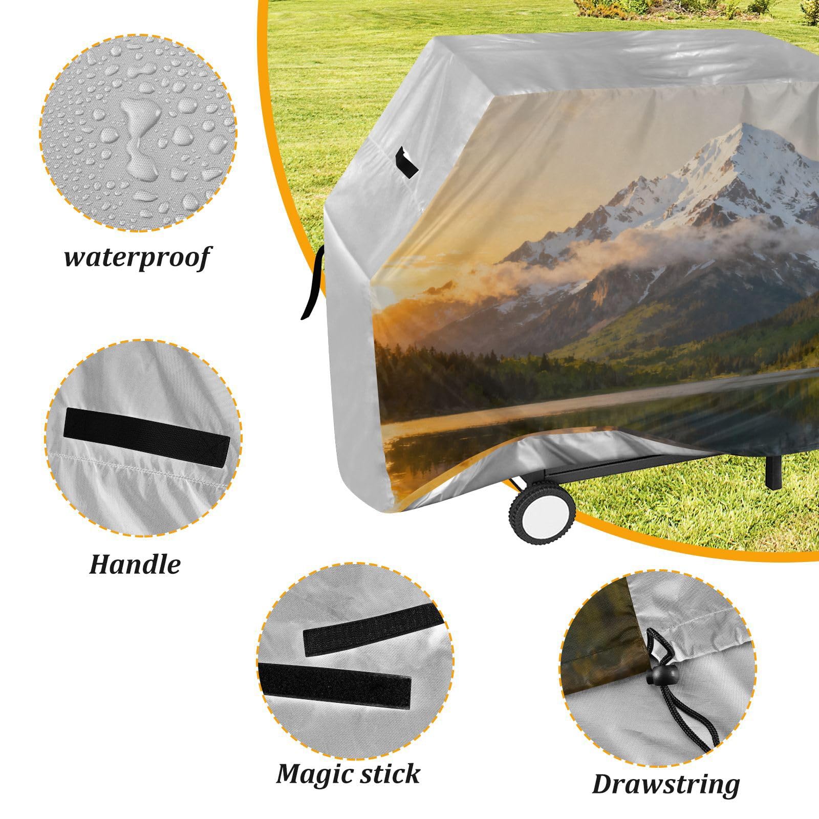 Snow Mountain Lake Sun Outdoor Patio Grill Pokrowiec 158 cm Wodoodporny wytrzymały odporny na rozdarcie odporny na blaknięcie materiał pokrowiec na grilla z regulowanym sznurkiem dla kurzu i wiatru