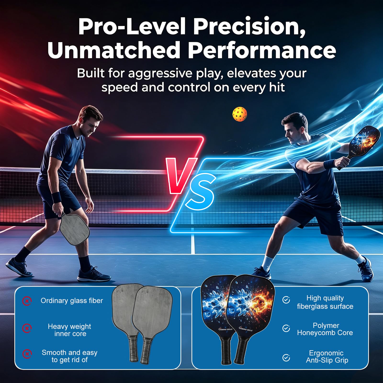 Set di 2 racchette da pickleball, in fibra di vetro, colore nero