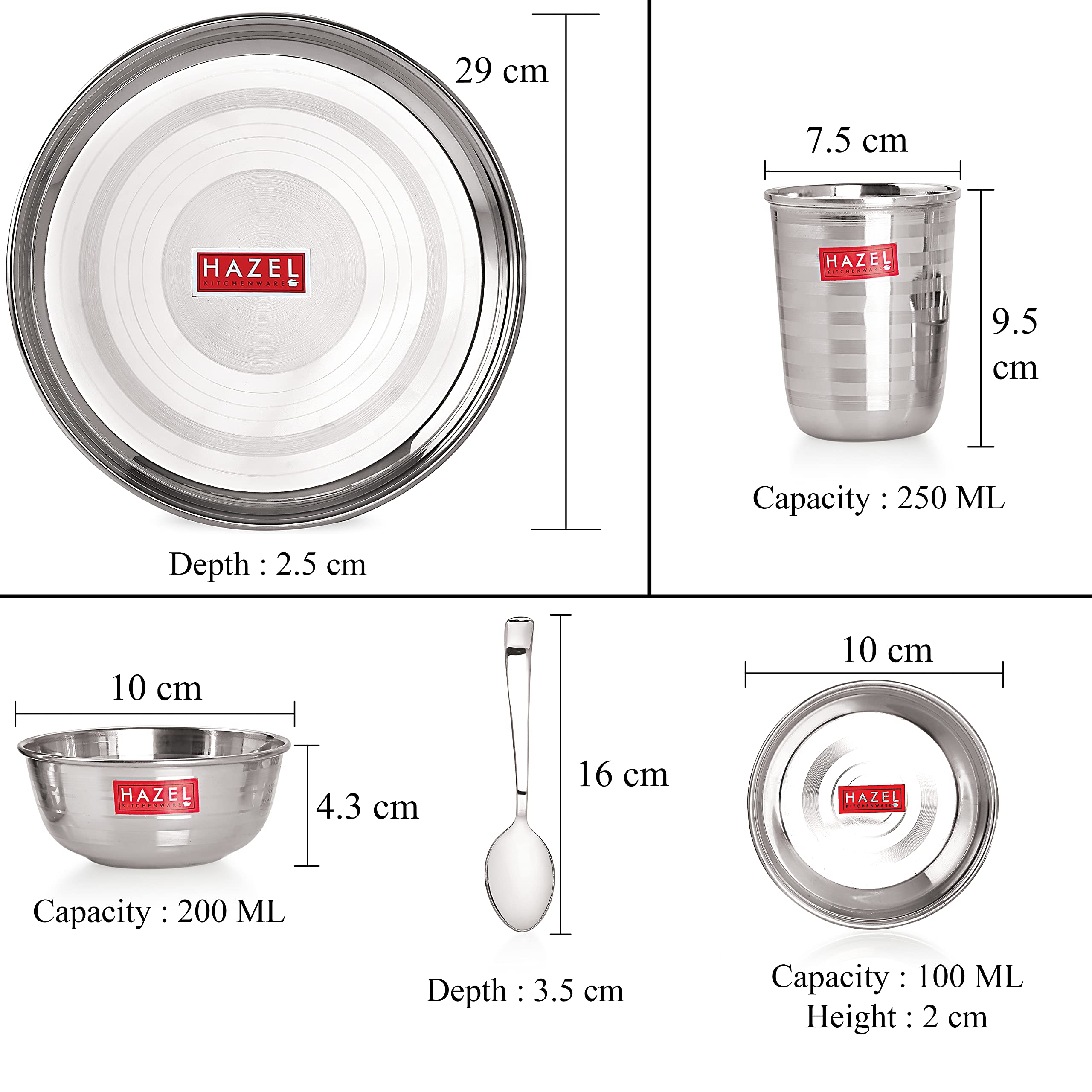 HAZEL Stainless Steel Dinner Set of 12 | Dinner Set Steel (2 Plate, 4 Curved Wooden Bowl , 2 Spoon, 2 Dessert Plate, 2 Glass) 12 Pieces, Silver - Image 4 thumbnail