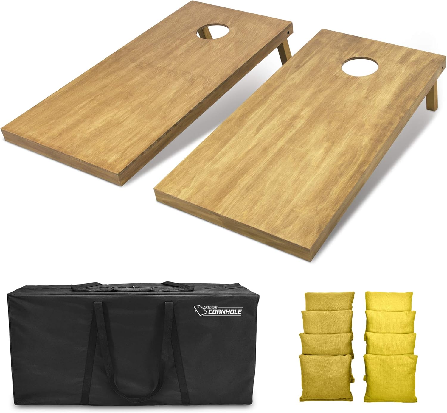 GoSports 4 ft x 2 ft Regulation Size Wooden Cornhole Boards Set with Light Brown Finish - Includes Carrying Case and Bean Bags - Gold & Yellow