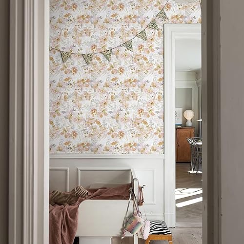 Papel tapiz autoadhesivo con diseño floral de acuarela para despegar y pegar, para decoración de pared, color naranja envejecido, rosa y naranja