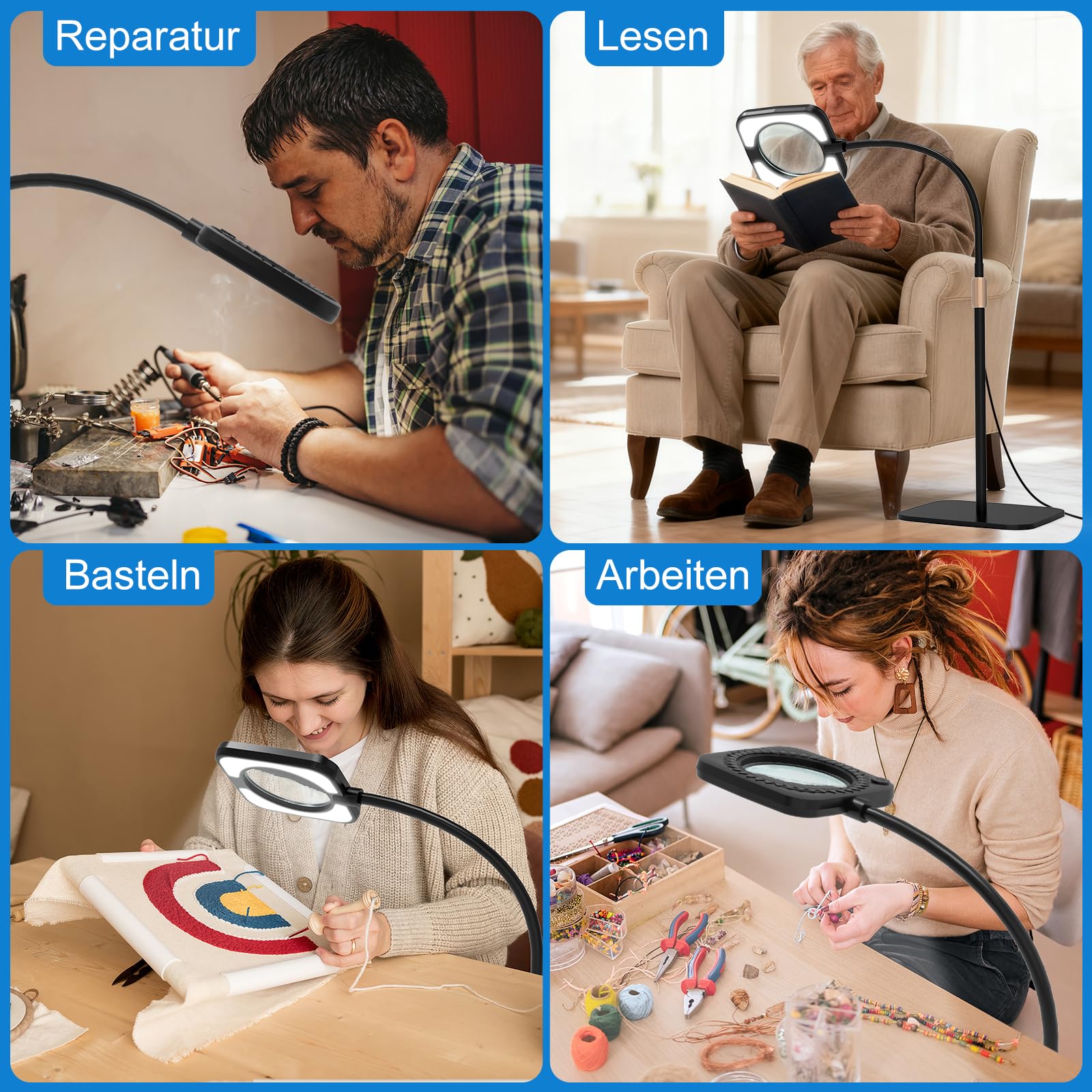 Lupa con luz y soporte – Lámpara de pie LED de 8 niveles con 3 ajustes de temperatura de color, lupa con 56 luces LED regulables para lectura, para personas mayores, pasatiempos y manualidades