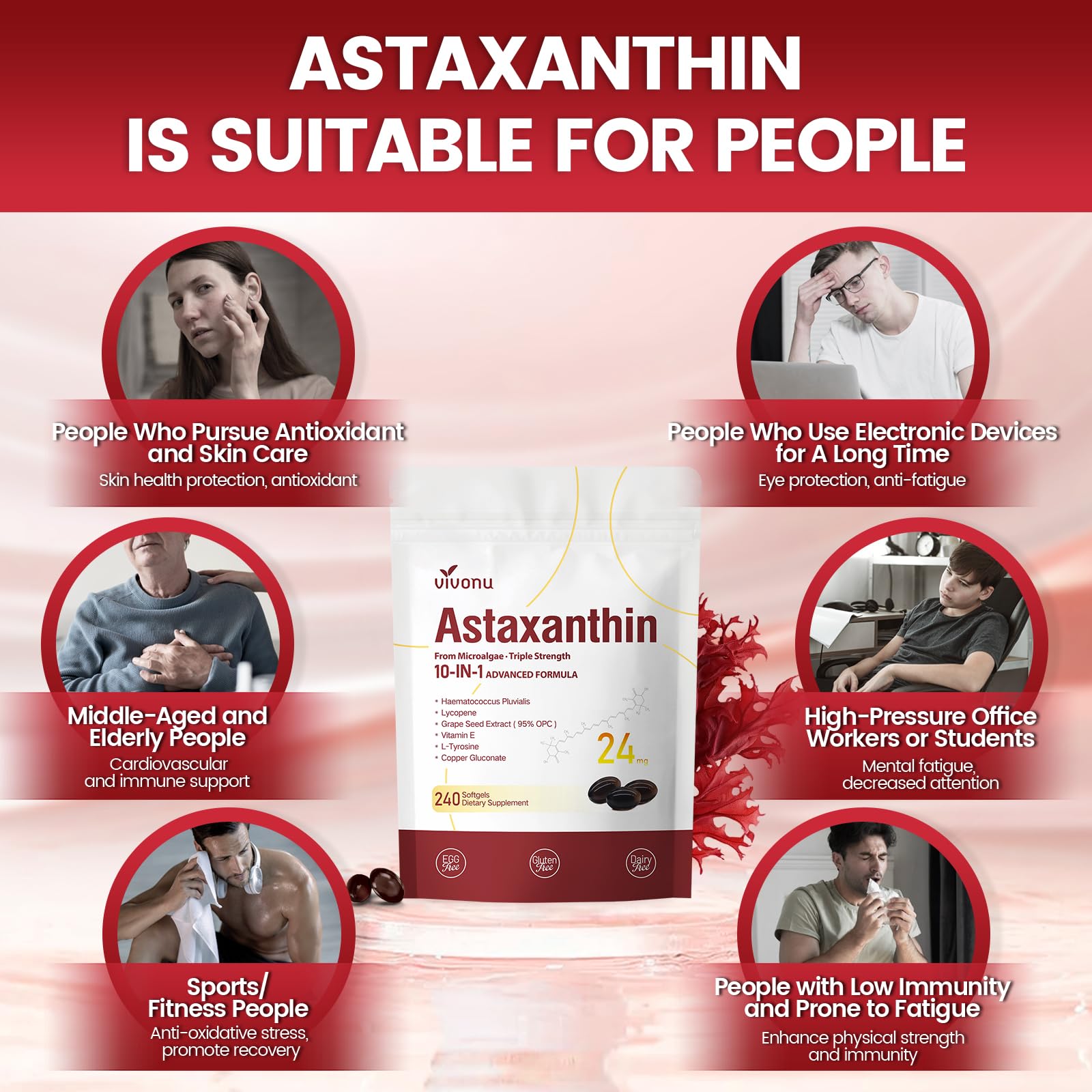 VivoNu Astaxanthin 24mg 240 Weichkapseln – Aus Haematococcus Pluvialis-Mikroalgen gewonnen – Gentechnikfrei und Glutenfrei