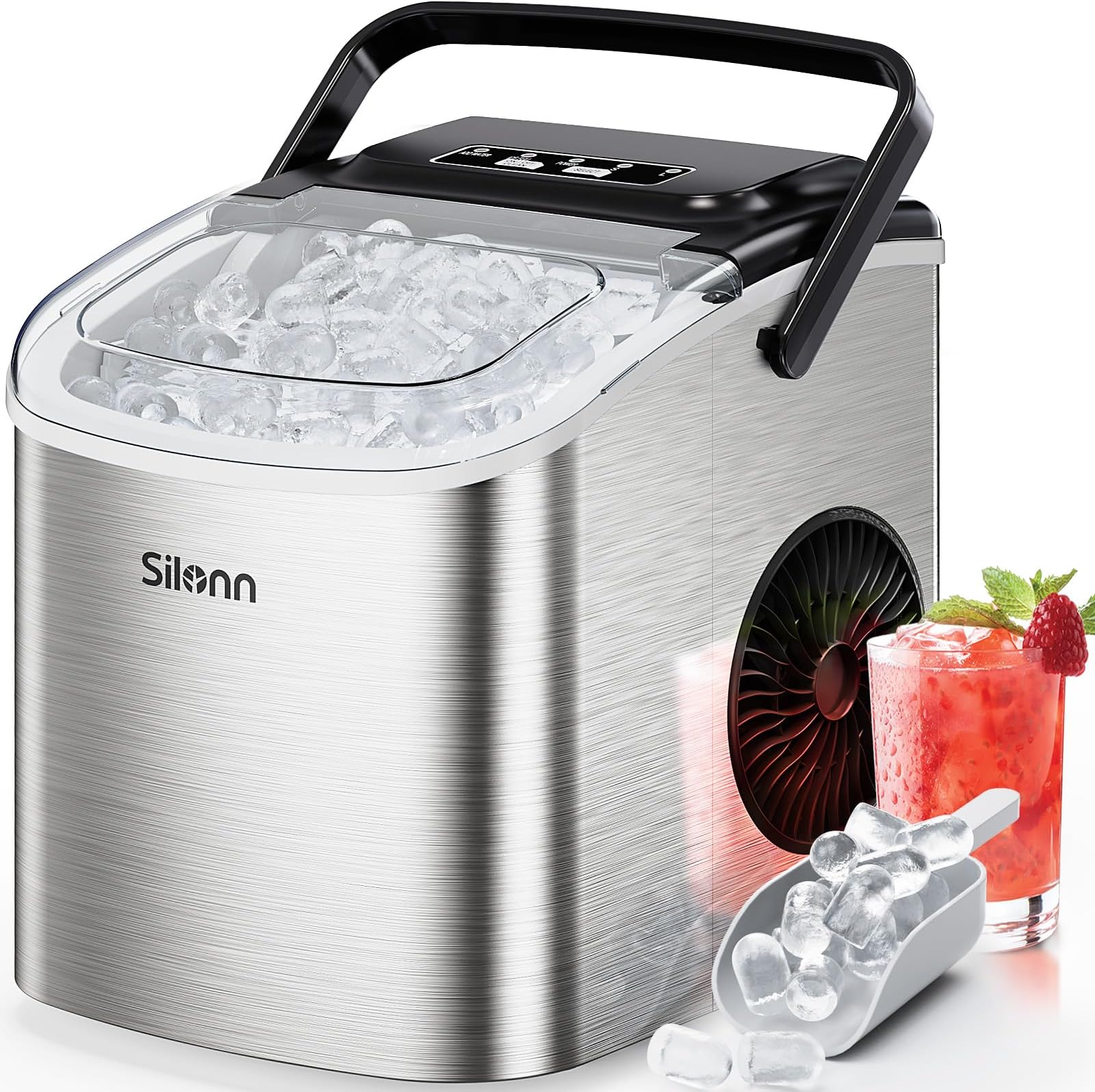 Silonn Countertop Ice Maker, Produces 9 Ice Cubes in 6 Minutes, 12 kg Daily Capacity, Self-Cleaning ice machine with Ice Scoop & Basket Two Ice Sizes, Perfect for Home Kitchen Office Bar and Parties