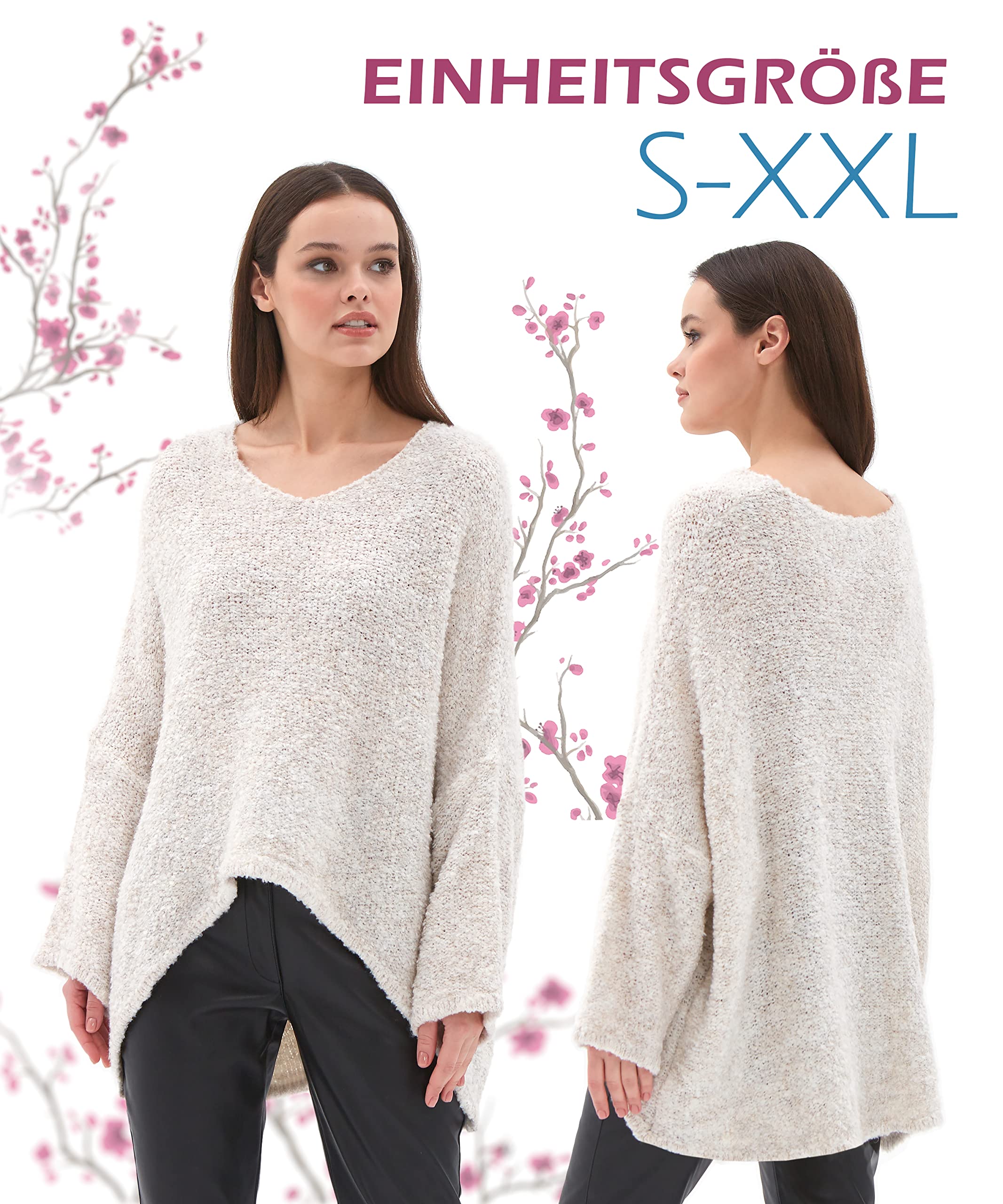 Damen Strickpullover Oversize Longpullover Pullover Damen V-Ausschnitt Grobstrickpullover Pulli Damen Frühling Herbst Winter Made in Italy