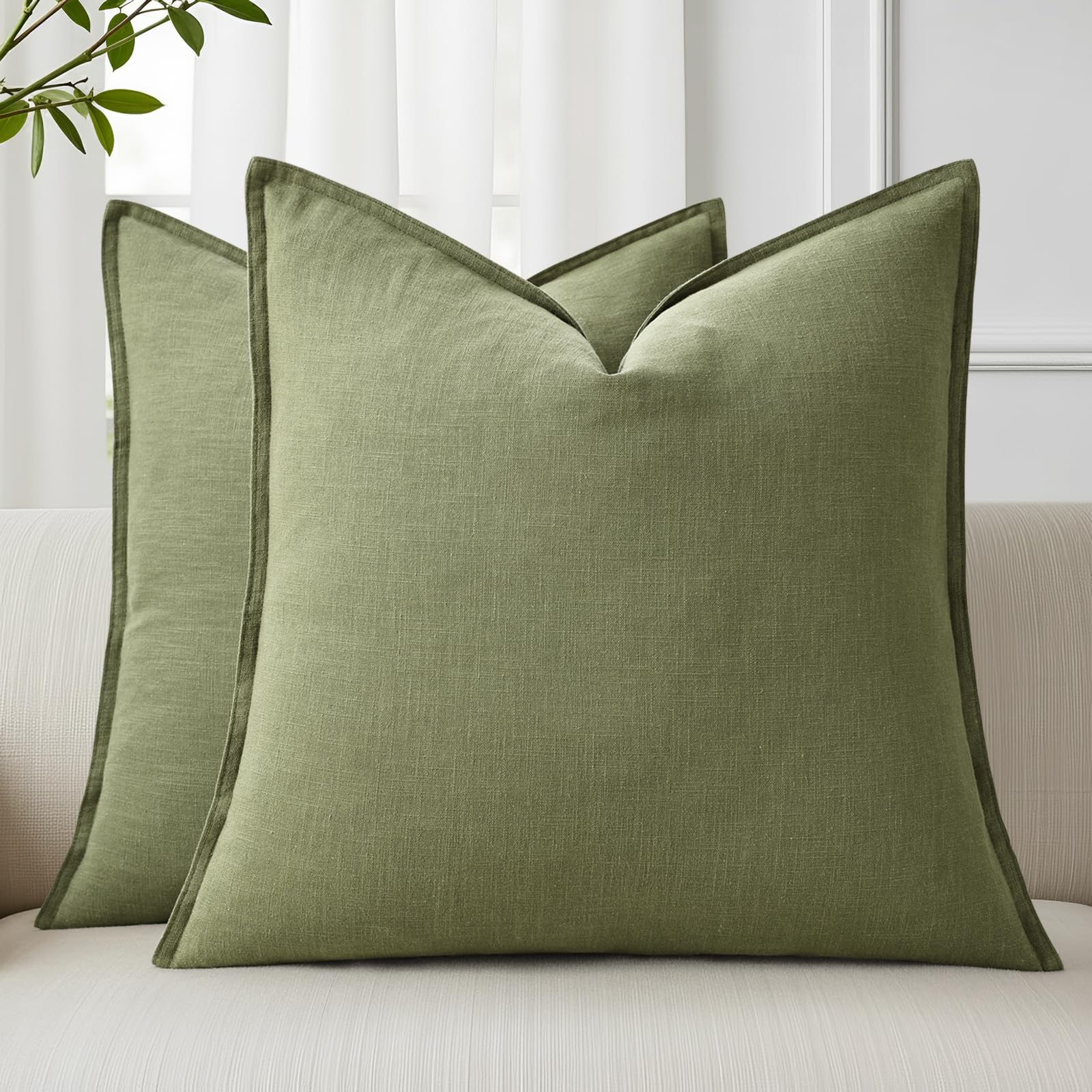 decorUhome Fall Olive Green Linen Throw Pillow Covers 24x24 Set of 2