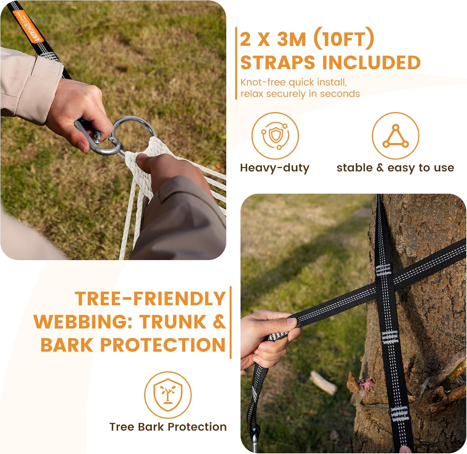 Lazy Daze Hammocks 13-FT Polyester Rope Hammock, Double 2 Person Traditional Hand Woven Outdoor Hammock with Spreader Bar, Carabiners, Tree Straps, Chains for Outside Patio- Max 450 Lbs, Natural