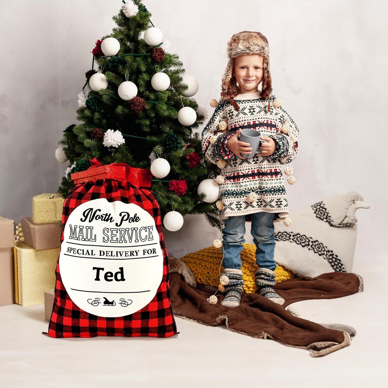 Custom Christmas Santa Sack with Name - Personalized Santa Claus Gift Bag - Drawstring Closure, Canvas, Large (27.5"x 19.7") - for Xmas Presents - North Pole Mail Service - Plaid, 3 Pack