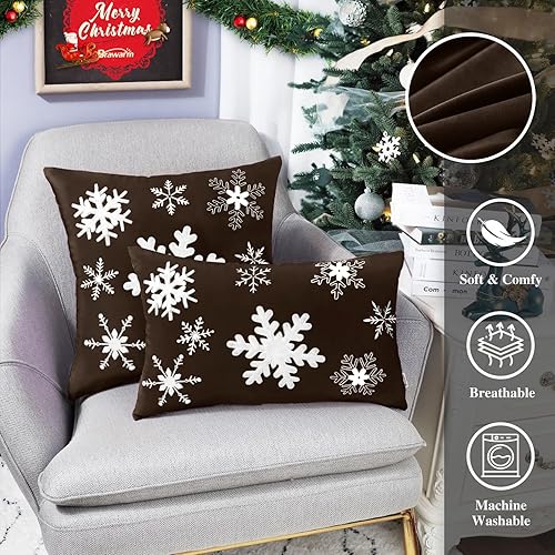 Miniatura 9 de BRAWARM Funda de almohada de Navidad de 18 x 18 pulgadas, funda de almohada bordada de copo de nieve marrón, almohada decorativa de terciopelo suave
