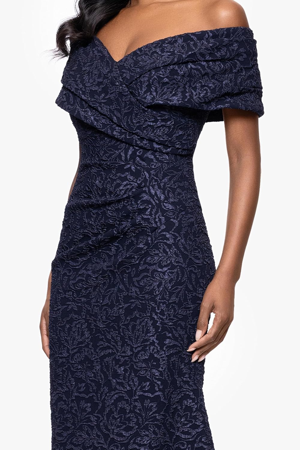 Betsy & Adam Womens Off The Shoulder Jacquard Floor Length Dress (Petite) - Image 3