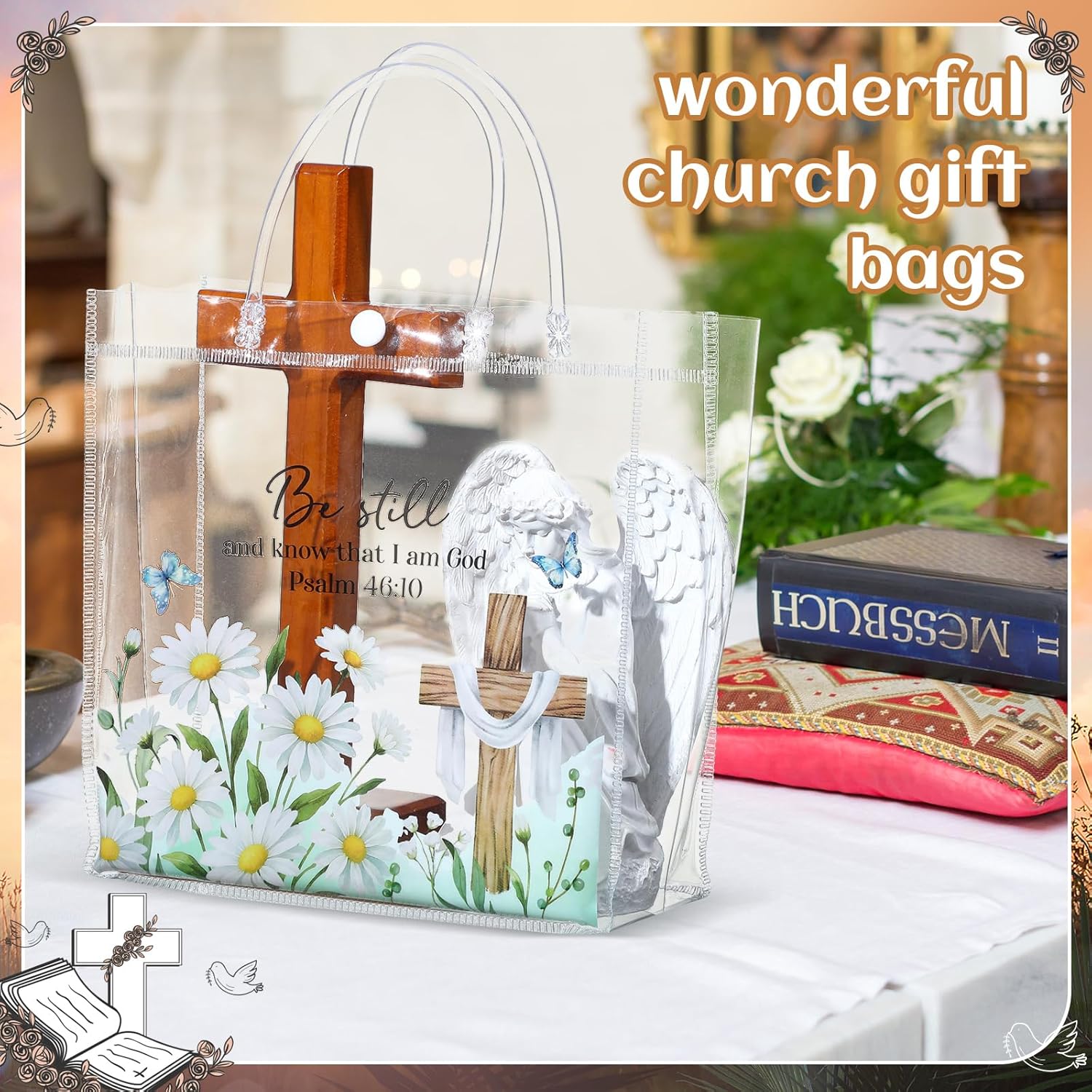 Amylove 36 Pcs Clear Mother's Day Christian Gift Bags Bulk Women Scripture Bags with Handle Bible Verse Flower Cross Themed Christian Faith Totes for Mother's Day Women Church Party Supplies Decor