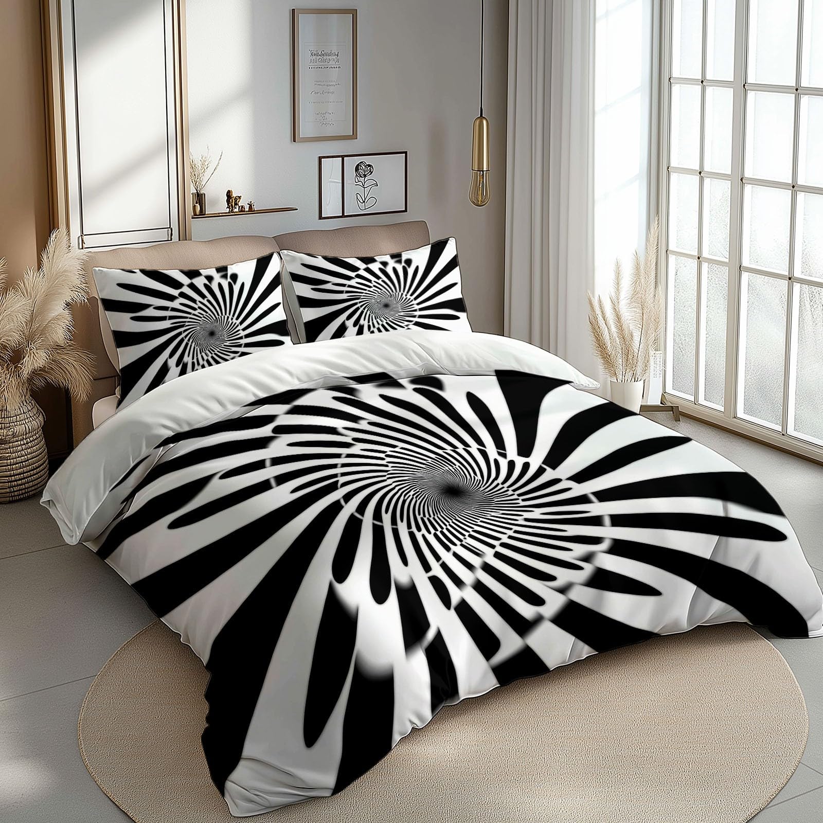 Poszwa na kołdrę 240 x 220 cm z 2 poszewkami na poduszki - Dwustronne spiralne linie iluzja optyczna zestaw pościeli dla dorosłych - 100% mikrofibra komplet pościeli dla 2 osób, biały