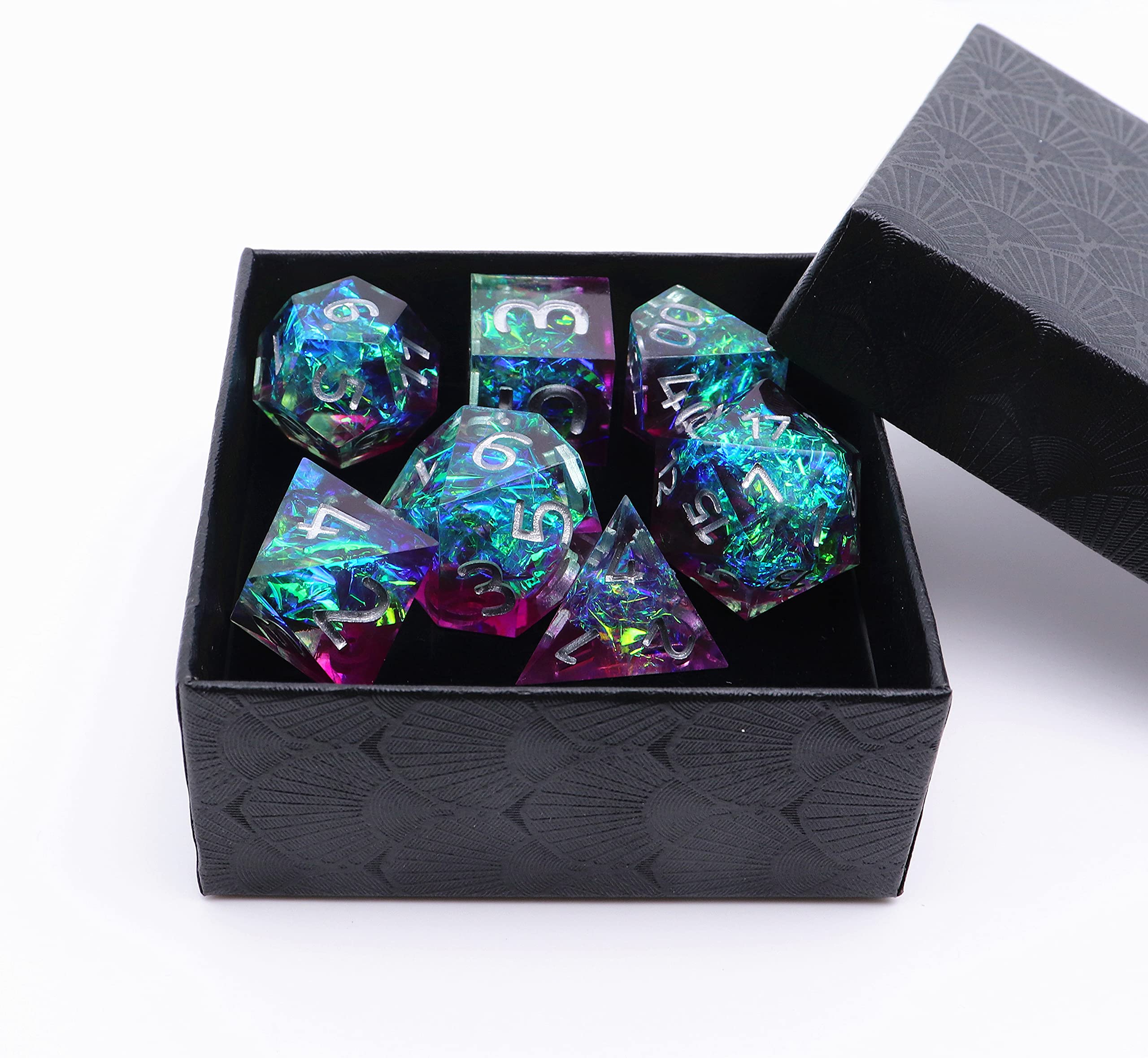 Jeu de dés DND en résine, dés polyédriques violets et bleu lac galaxie pour jeux de table Donjon et Dragons D&D RPG, fabriqués à la main avec coffret cadeau