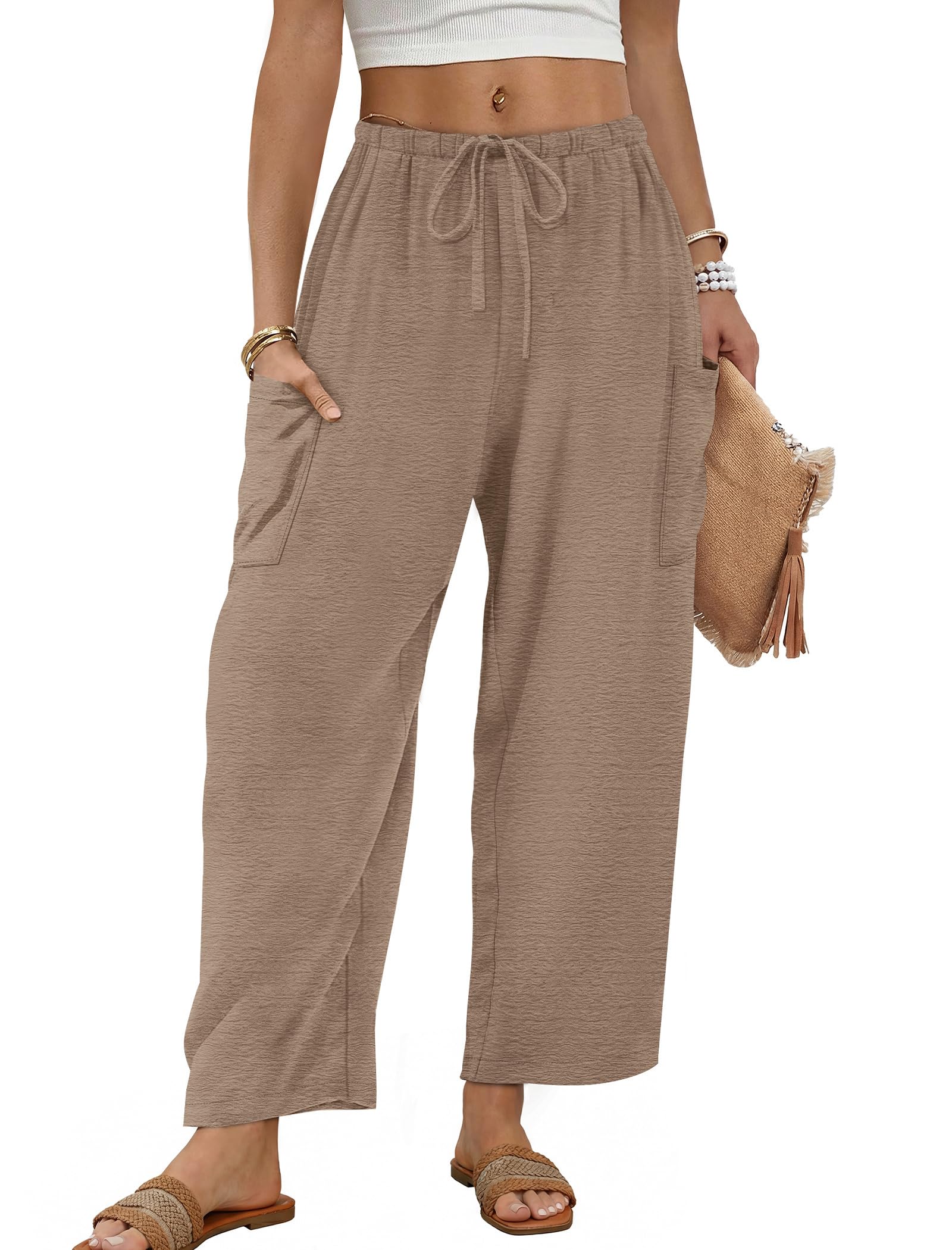 Sampeel Wide Leg Pants for Women Barrel Flowy Palazzo Elastic Waist Trousers with Pockets Summer Beach Vacation Outfits — view 9
