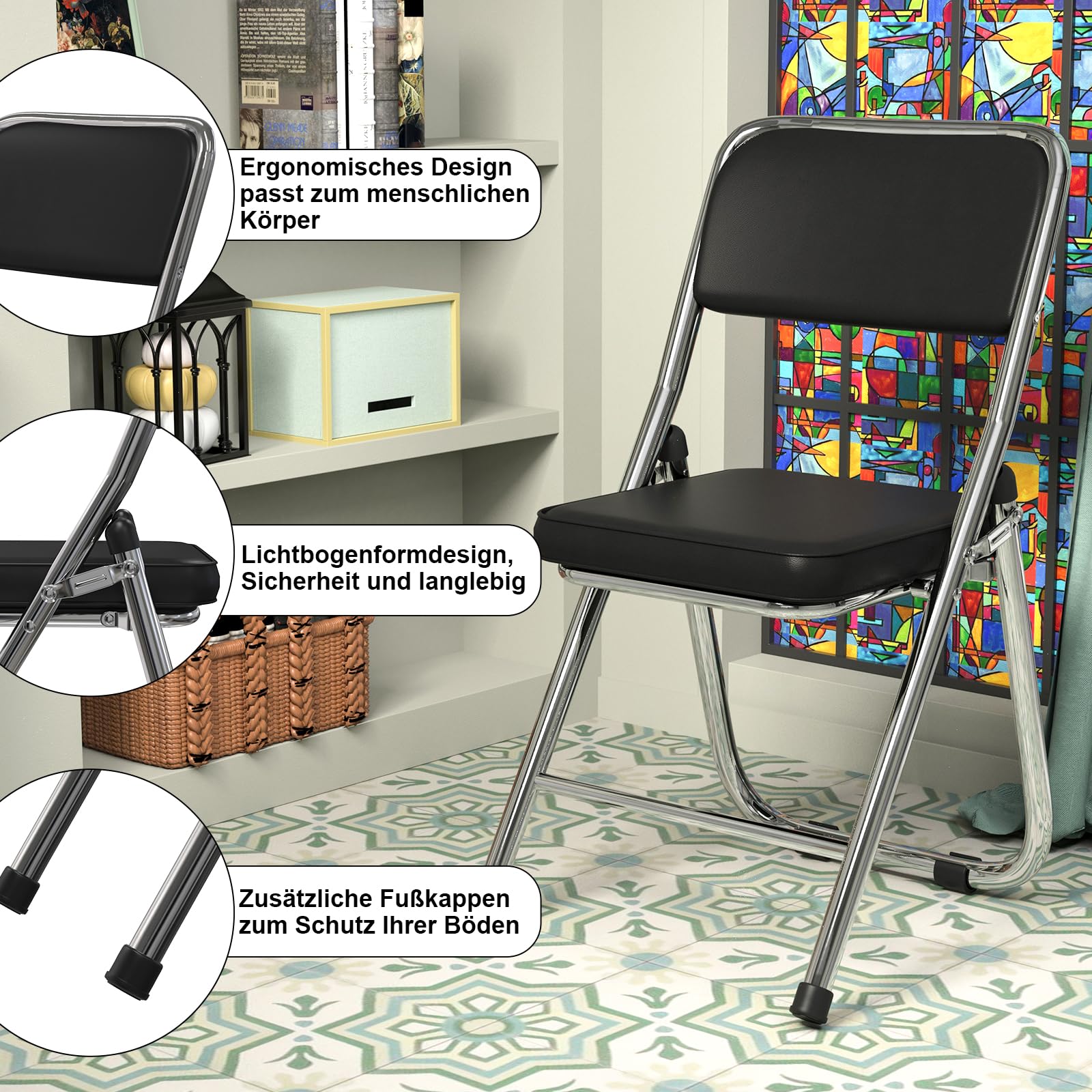 PIPIPOXER Konferenzstuhl klappbar,1er Set Essstühle Klappstühle Klappstühle aus kuschelig PU Leder und Stahlrahmen,Stabiler Klappstuhl Furniture mit für Gäste im Freien Schwarz 45x46x82cm